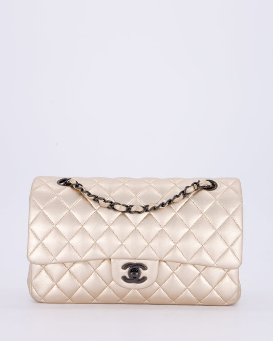 *RARE* Chanel Metallic Gold Medium Classic Double Flap Bag in Lambskin Leather with So Black Hardware