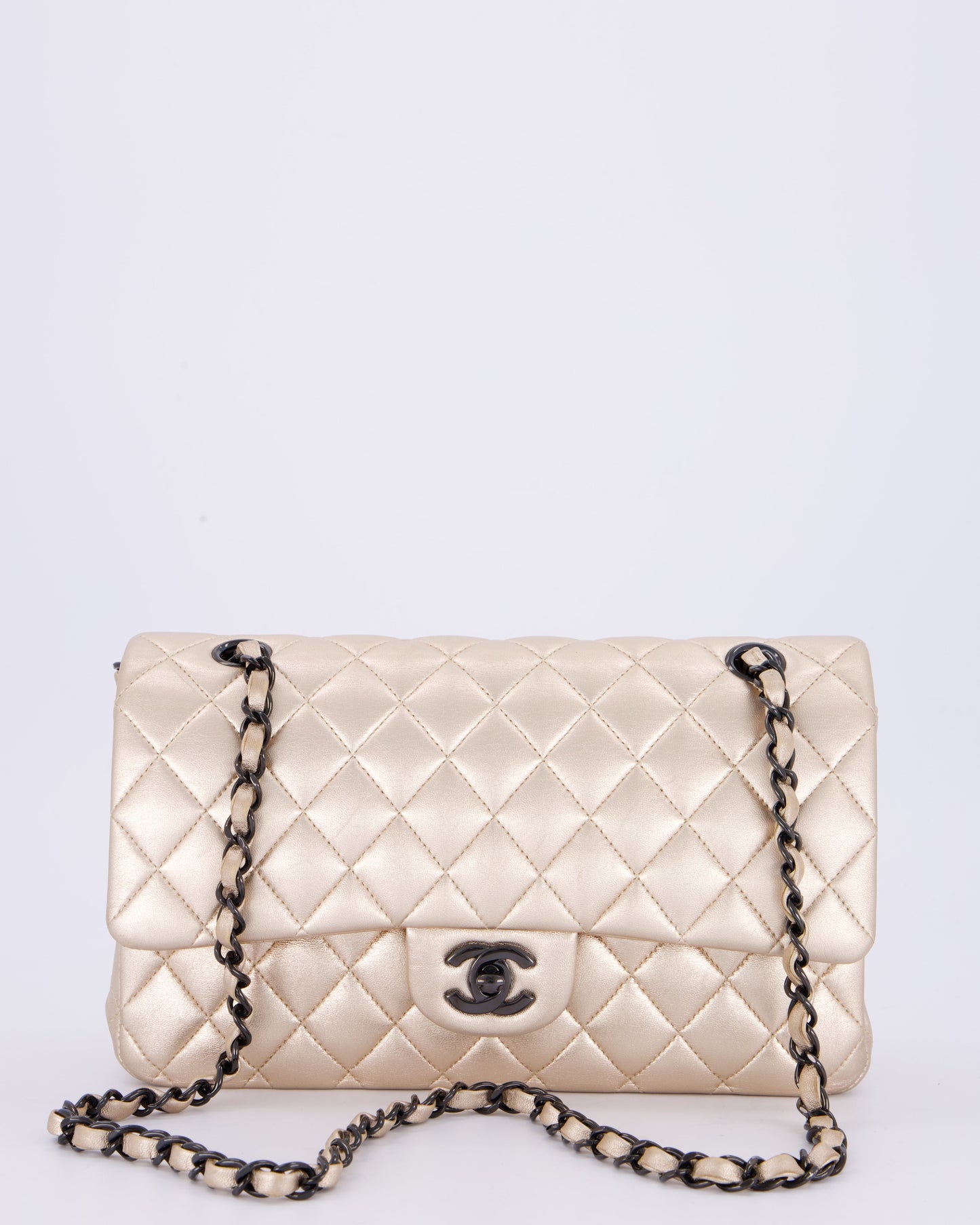 *RARE* Chanel Metallic Gold Medium Classic Double Flap Bag in Lambskin Leather with So Black Hardware
