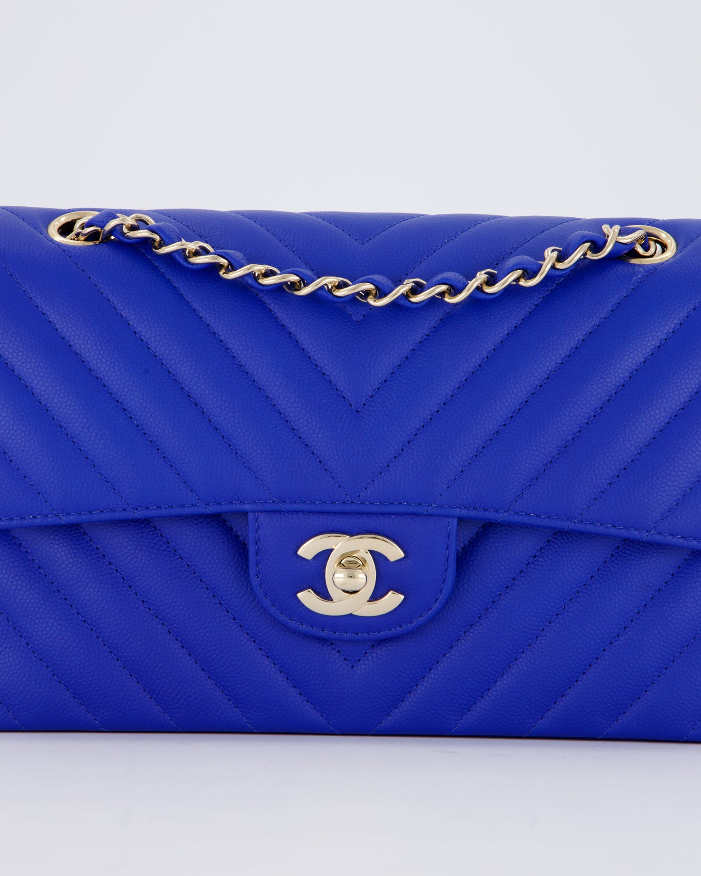 Chanel Small Classic Double Flap Bag in Electric Blue Chevron Caviar Leather with Champagne Gold Hardware
