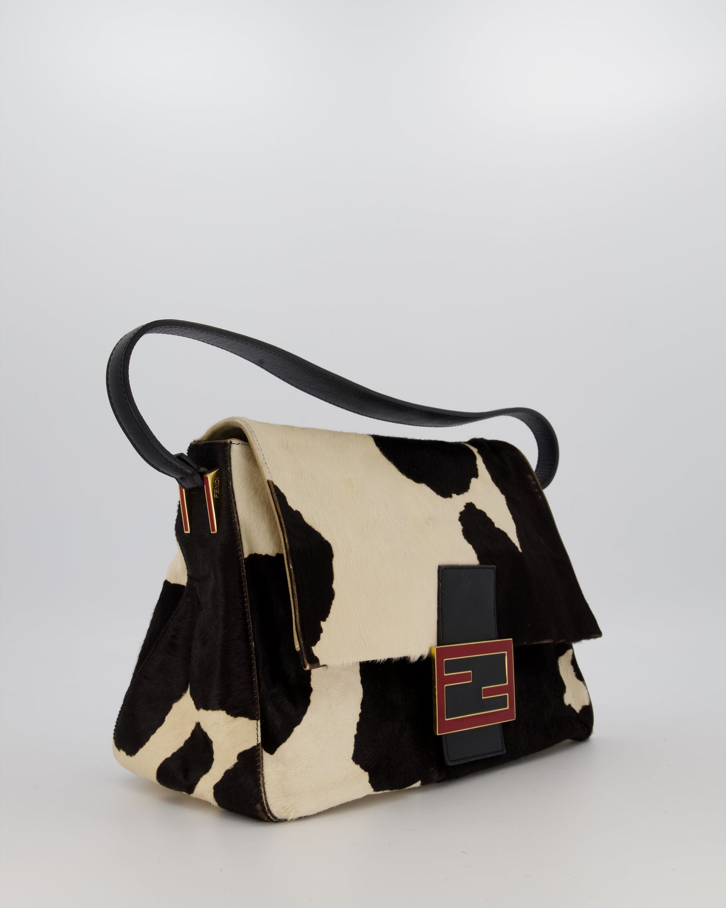 *RARE* Fendi Vintage Large Mamma Baguette Bag in Cow Print Pony Hair and Leather with Gold Hardware & Red FF Logo