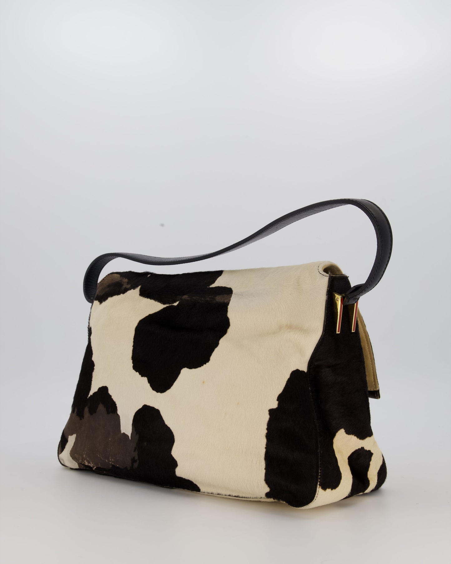 *RARE* Fendi Vintage Large Mamma Baguette Bag in Cow Print Pony Hair and Leather with Gold Hardware & Red FF Logo