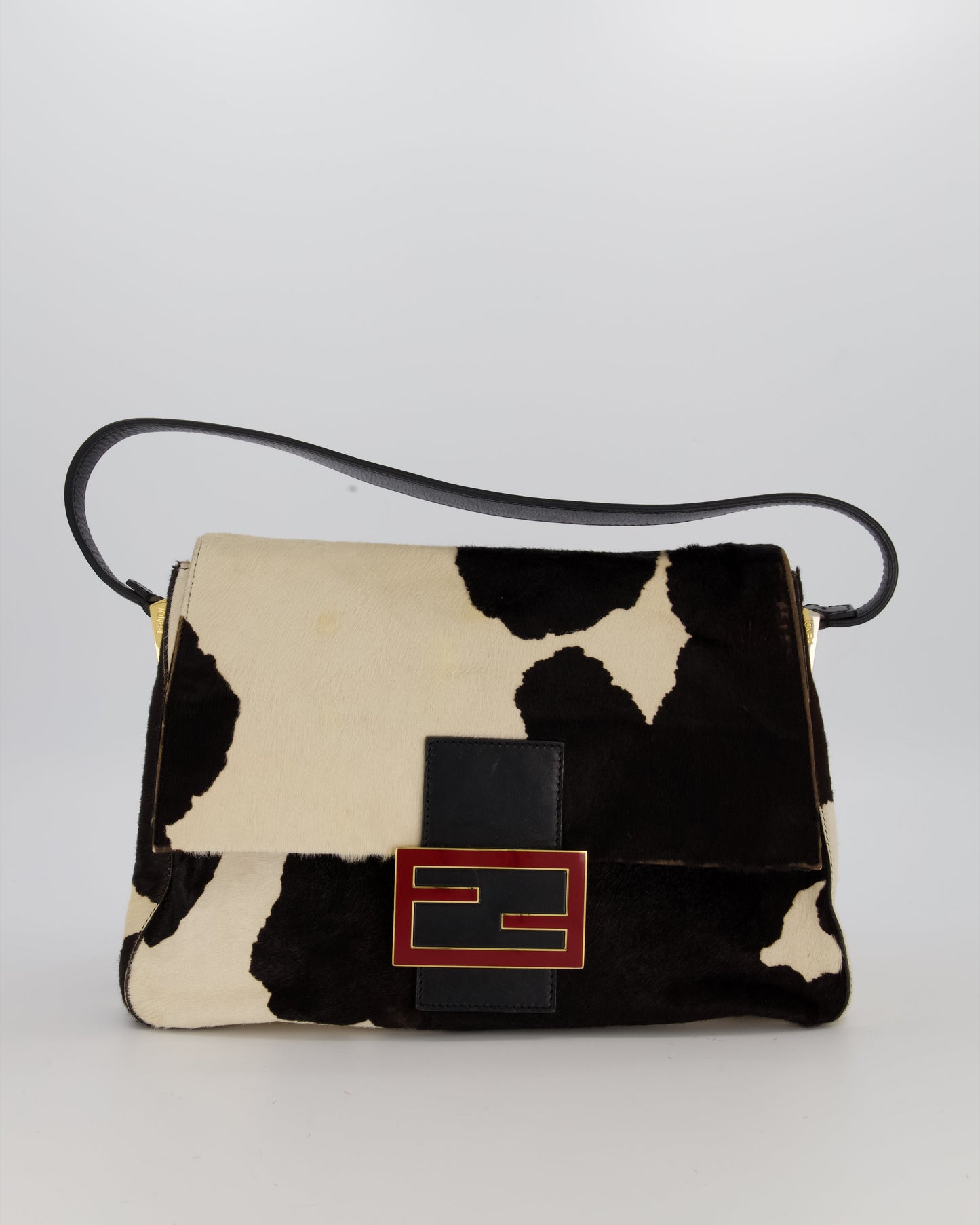 *RARE* Fendi Vintage Large Mamma Baguette Bag in Cow Print Pony Hair and Leather with Gold Hardware & Red FF Logo