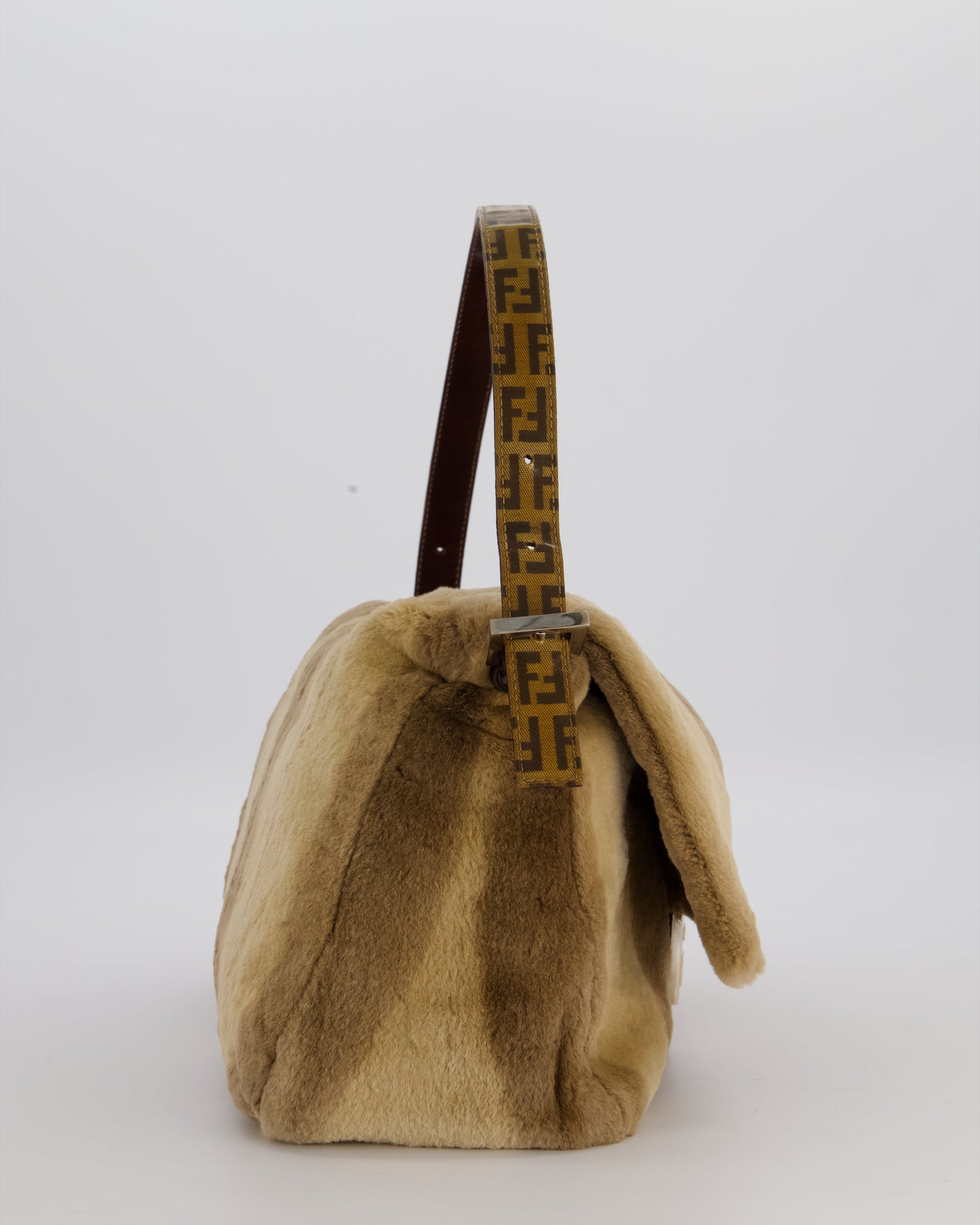 Fendi Vintage Medium Mamma Baguette Bag in Beige Rabbit Fur with Silver Hardware & Brown FF Strap