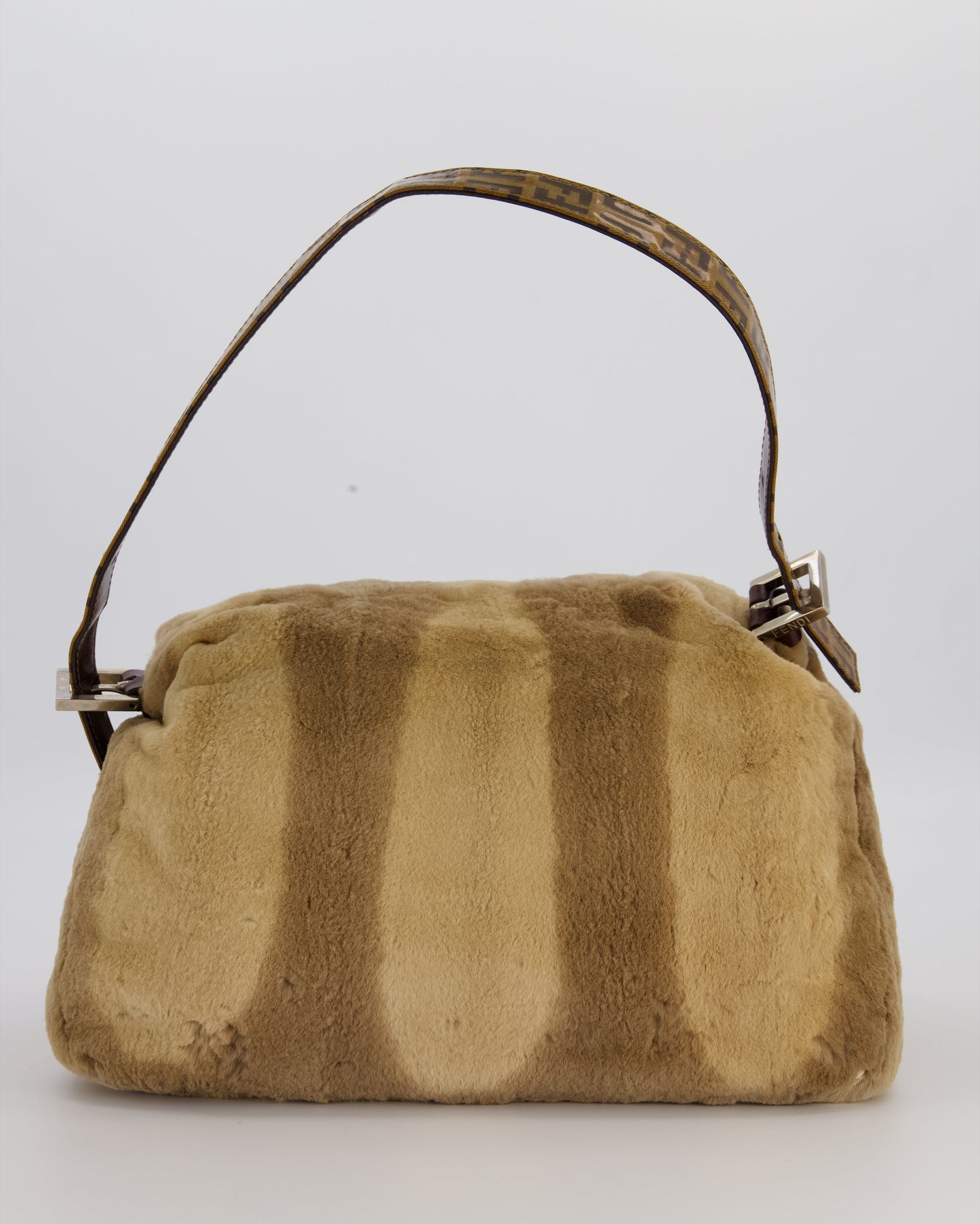 Fendi Vintage Medium Mamma Baguette Bag in Beige Rabbit Fur with Silver Hardware & Brown FF Strap