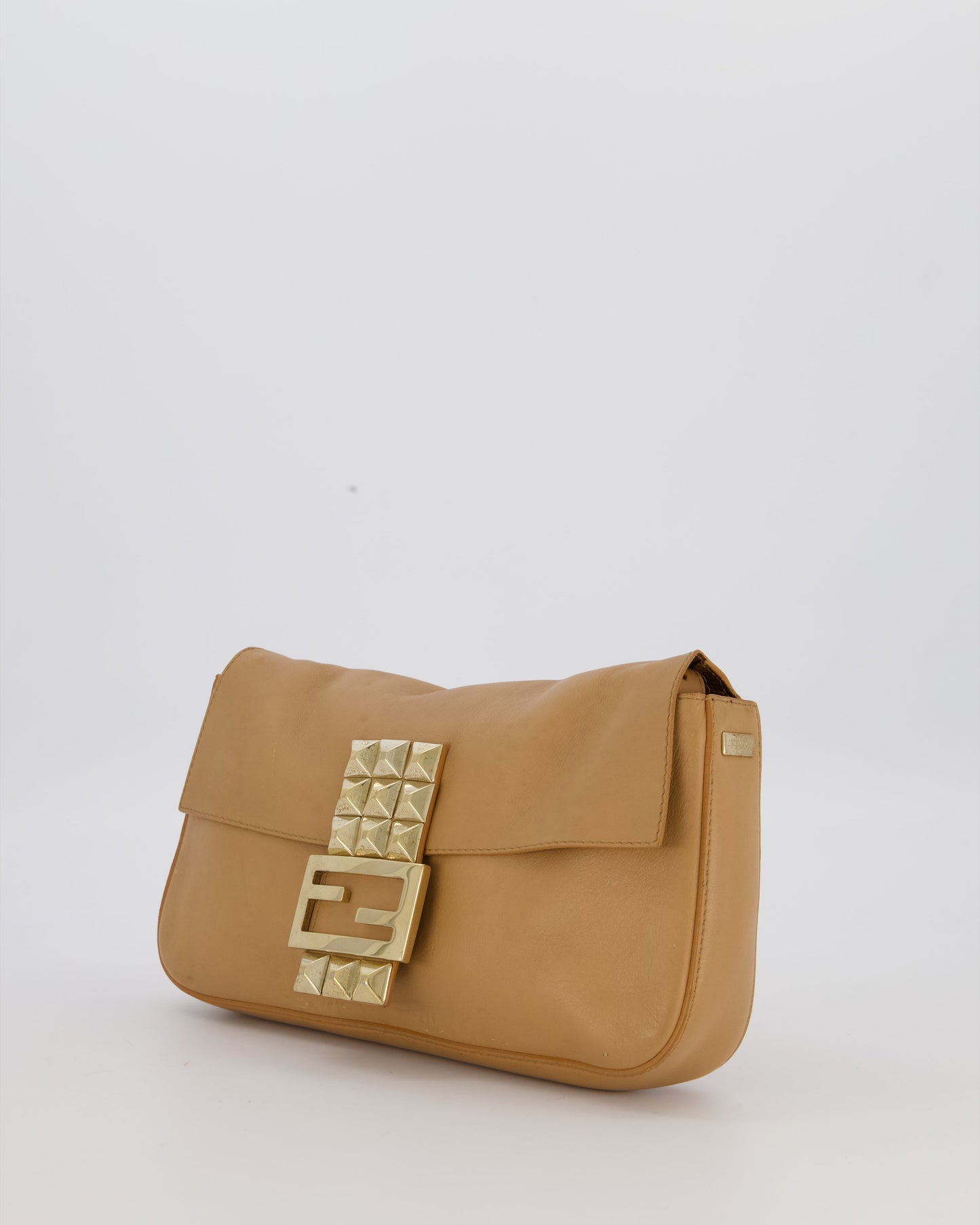 Fendi Vintage Baguette Bag in Beige Lambskin Leather with Gold Studded Hardware