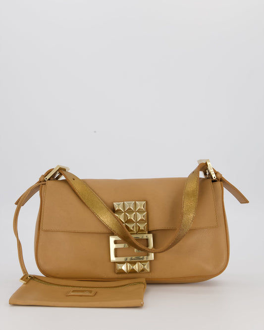 Fendi Vintage Baguette Bag in Beige Lambskin Leather with Gold Studded Hardware