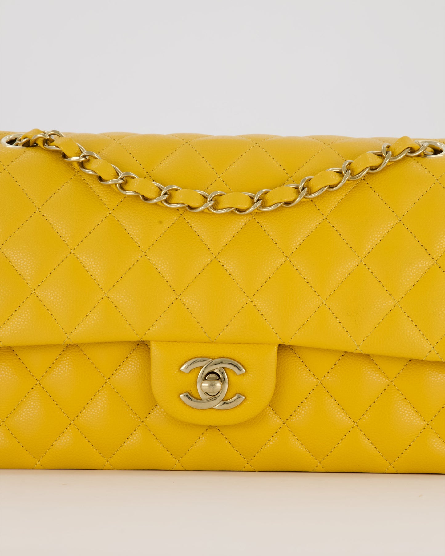 Chanel Amber Yellow Medium Classic Double Flap Bag in Caviar Leather with Champagne Gold Hardware