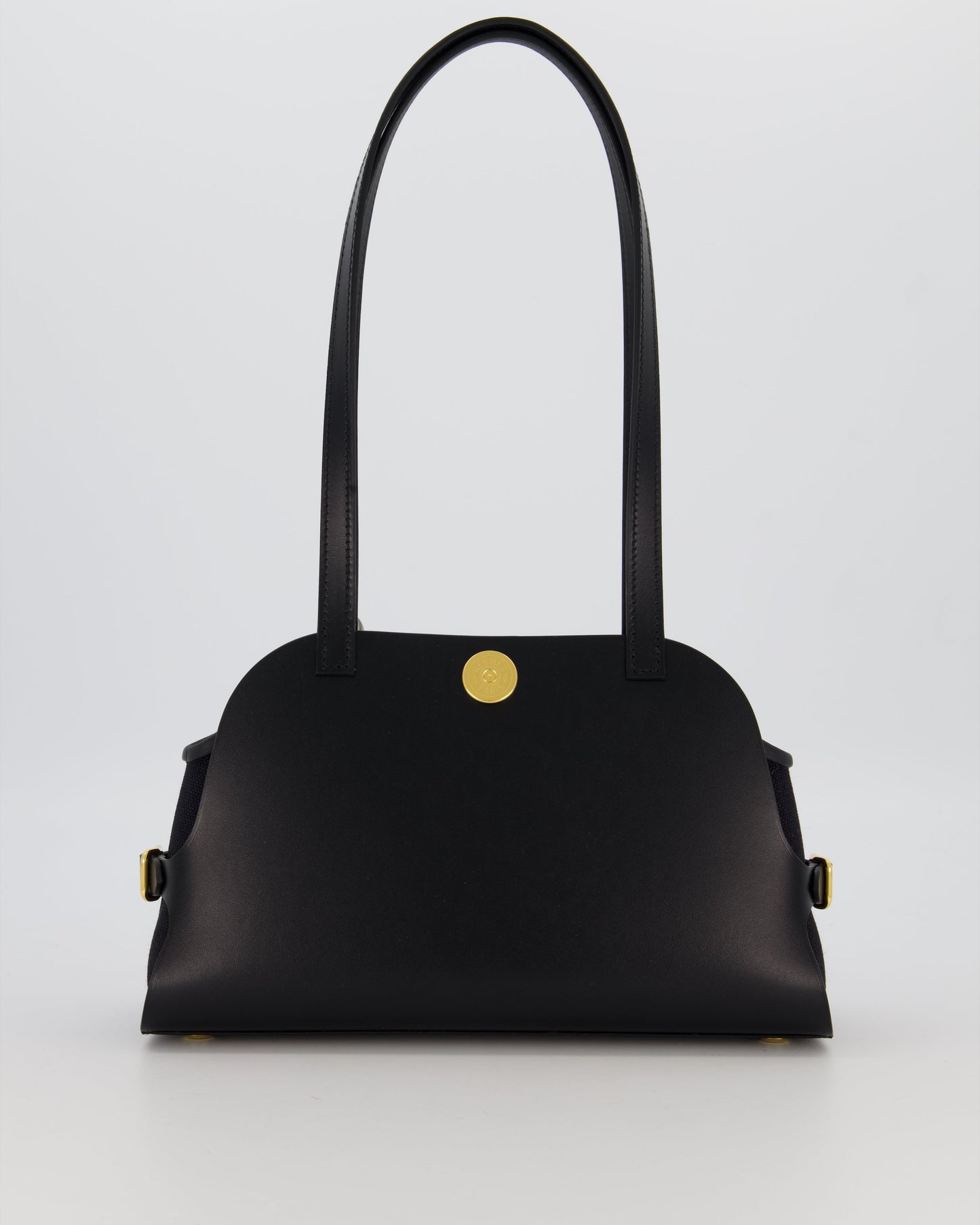 Hermes Tablier Sellier Bag in Noir Hunter Cowhide, Noir Swift Leather and Noir Militaire Canvas with Gold Hardware