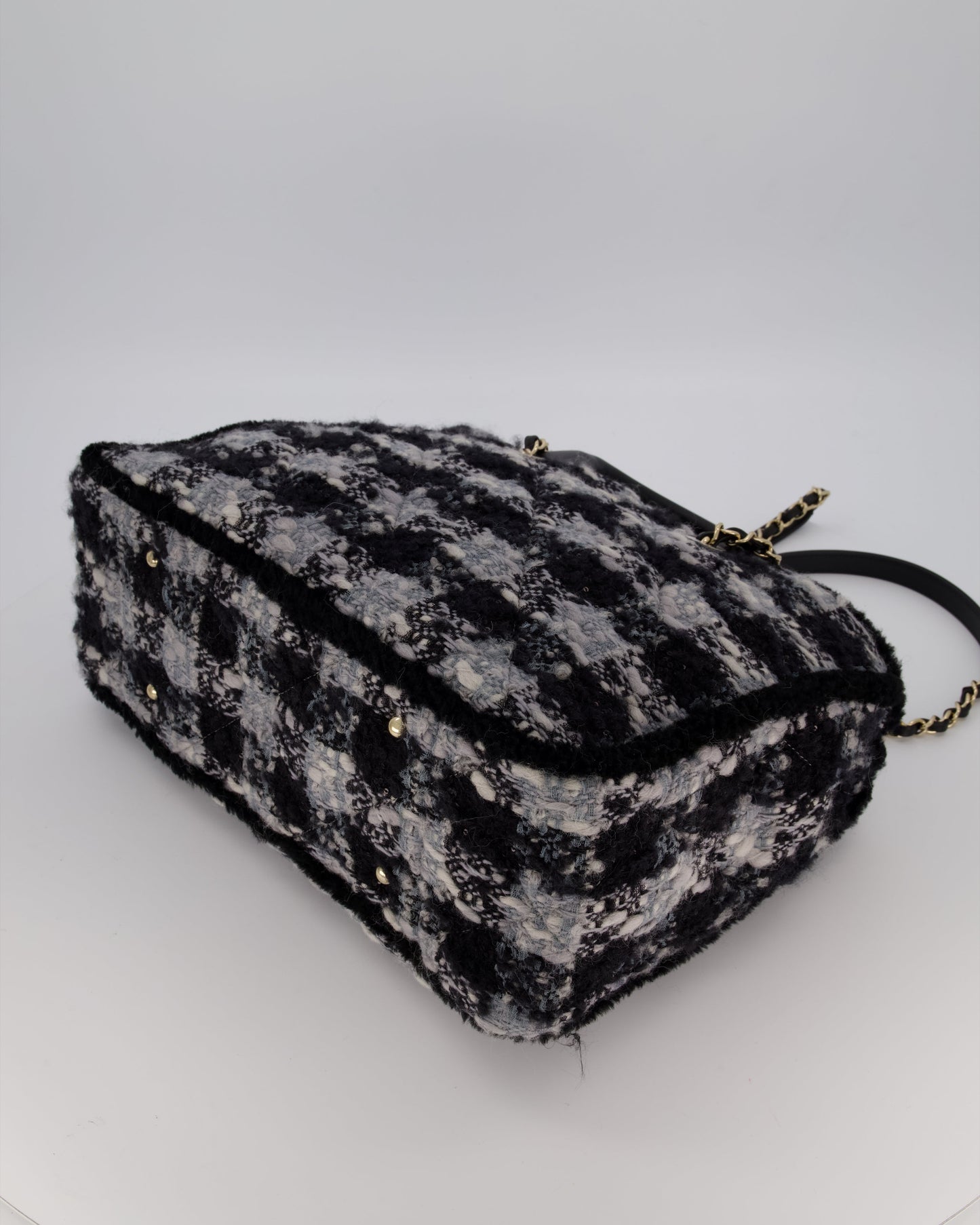 Chanel 25N Grey and Black Oqilted Tweed Shopping Tote Bag With Champagne Gold Hardware and Leather Handle