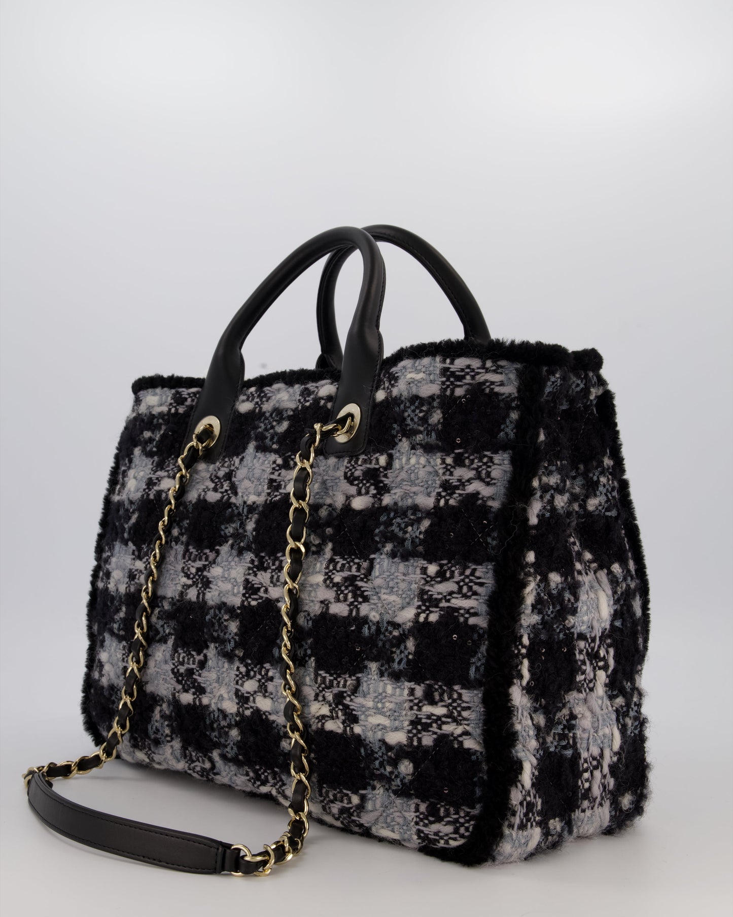 Chanel 25N Grey and Black Oqilted Tweed Shopping Tote Bag With Champagne Gold Hardware and Leather Handle