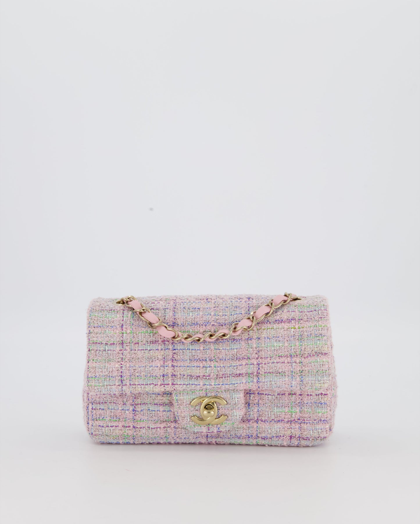 Chanel Lilac, Blue and Green Tweed Mini Rectangular Single Flap Bag with Gold Hardware