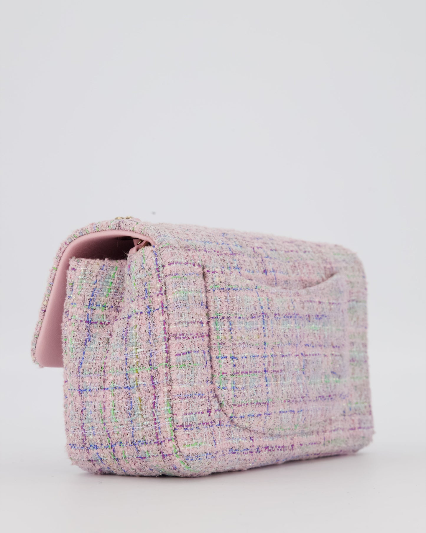 Chanel Lilac, Blue and Green Tweed Mini Rectangular Single Flap Bag with Gold Hardware