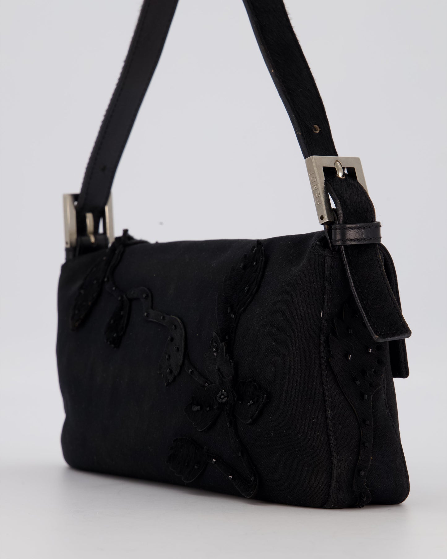 Fendi Black Baguette Floral Appliqué Shoulder Bag in Fabric & Pony Hair with Silver Hardware