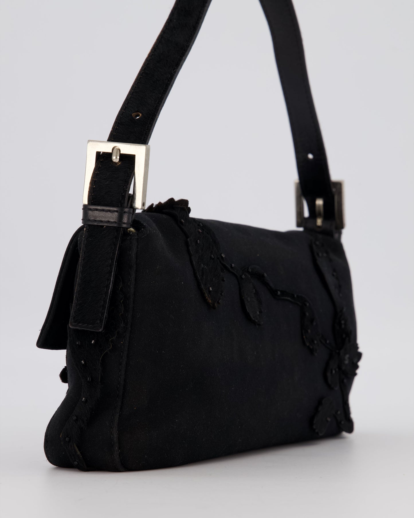 Fendi Black Baguette Floral Appliqué Shoulder Bag in Fabric & Pony Hair with Silver Hardware