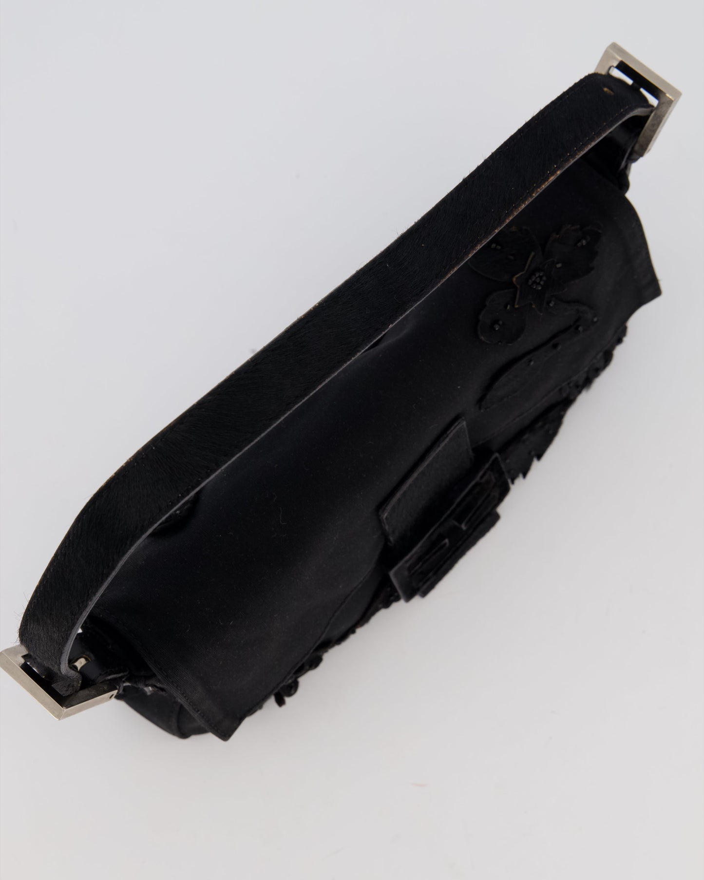 Fendi Black Baguette Floral Appliqué Shoulder Bag in Fabric & Pony Hair with Silver Hardware