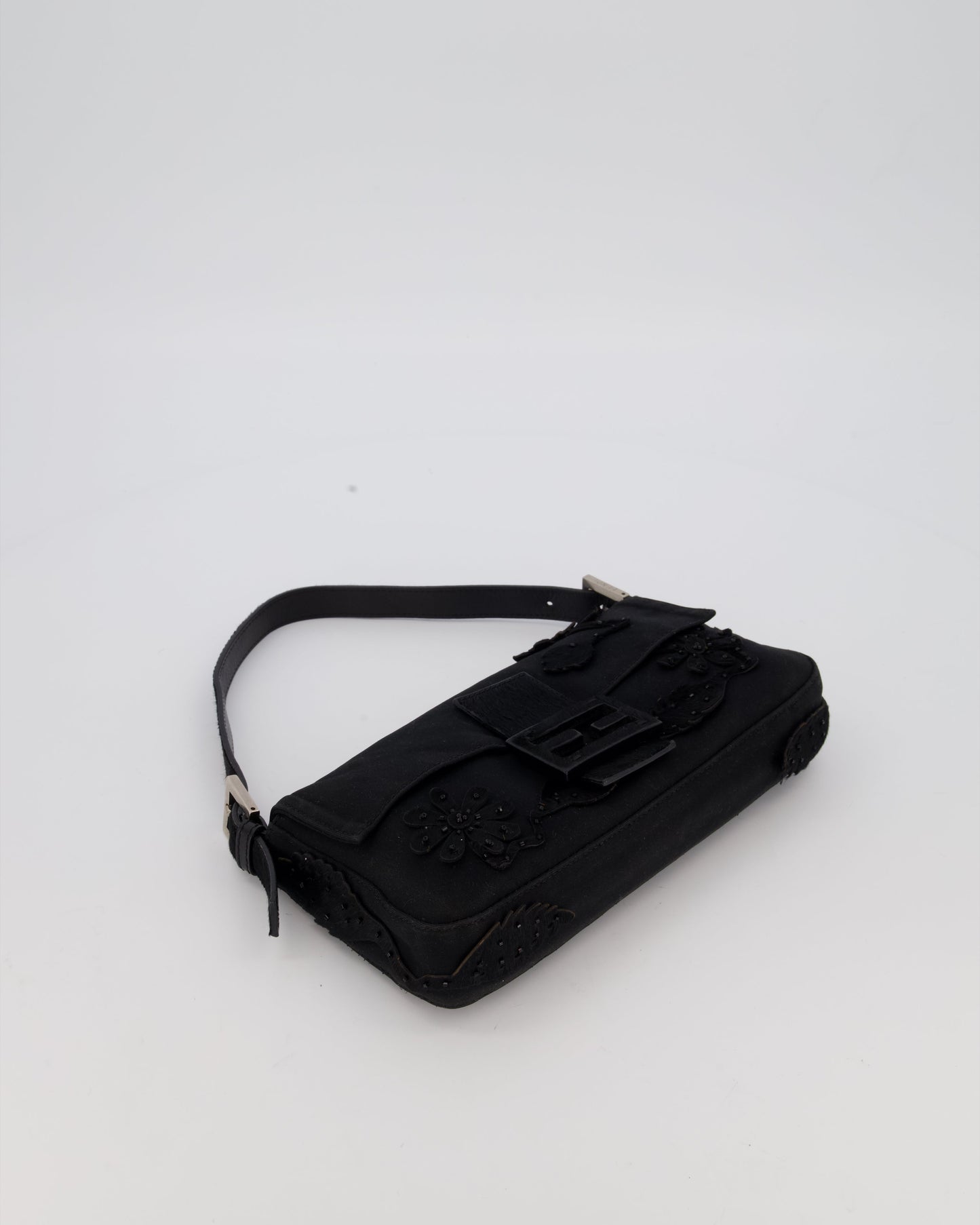Fendi Black Baguette Floral Appliqué Shoulder Bag in Fabric & Pony Hair with Silver Hardware
