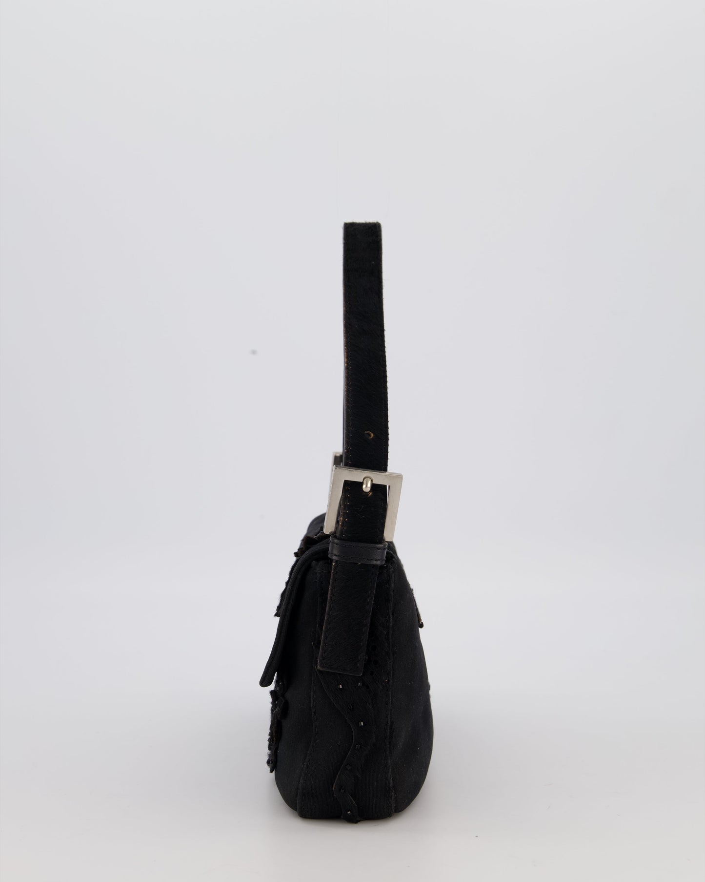 Fendi Black Baguette Floral Appliqué Shoulder Bag in Fabric & Pony Hair with Silver Hardware