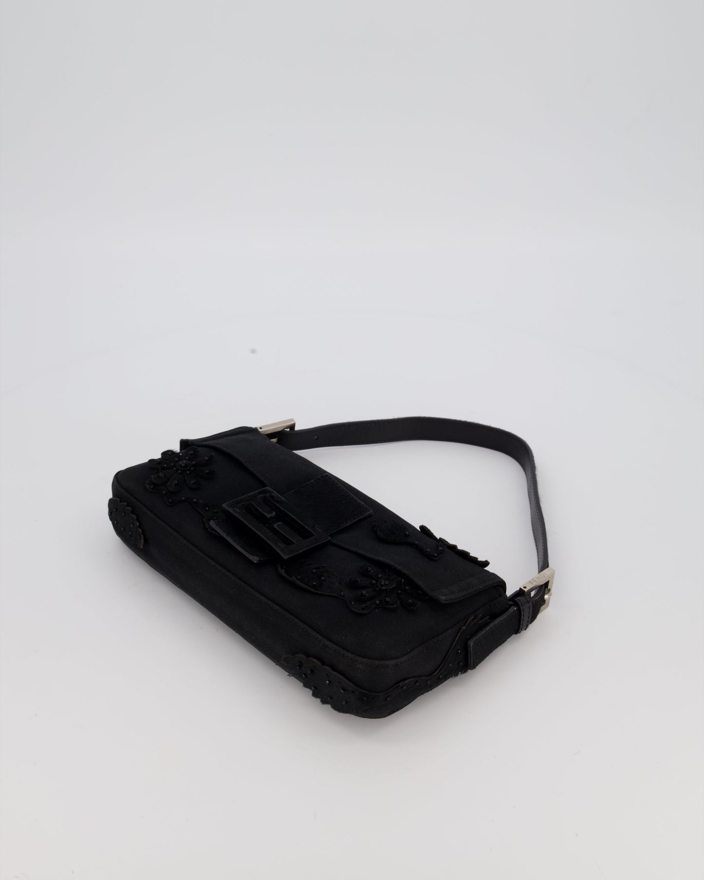 Fendi Black Baguette Floral Appliqué Shoulder Bag in Fabric & Pony Hair with Silver Hardware