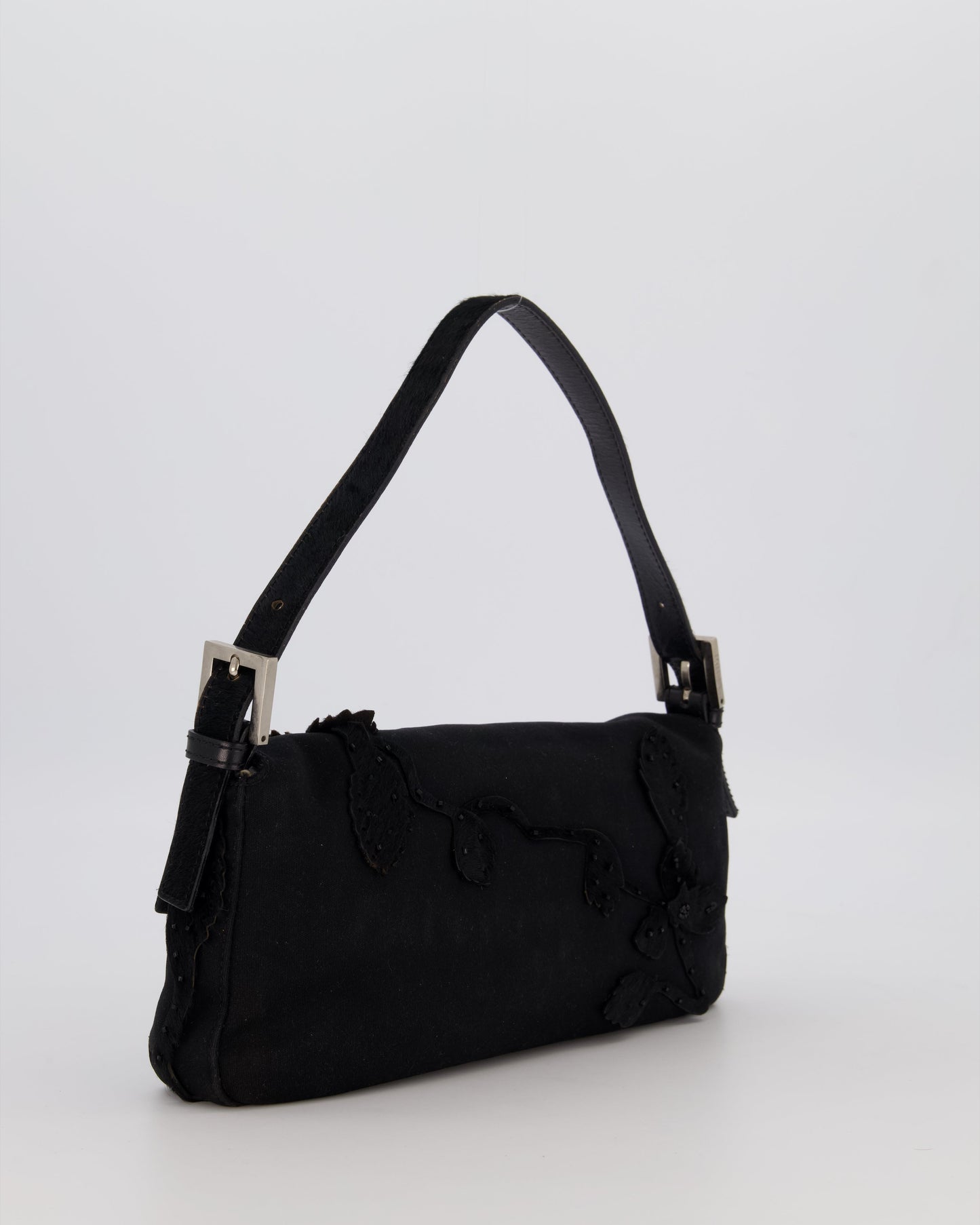 Fendi Black Baguette Floral Appliqué Shoulder Bag in Fabric & Pony Hair with Silver Hardware