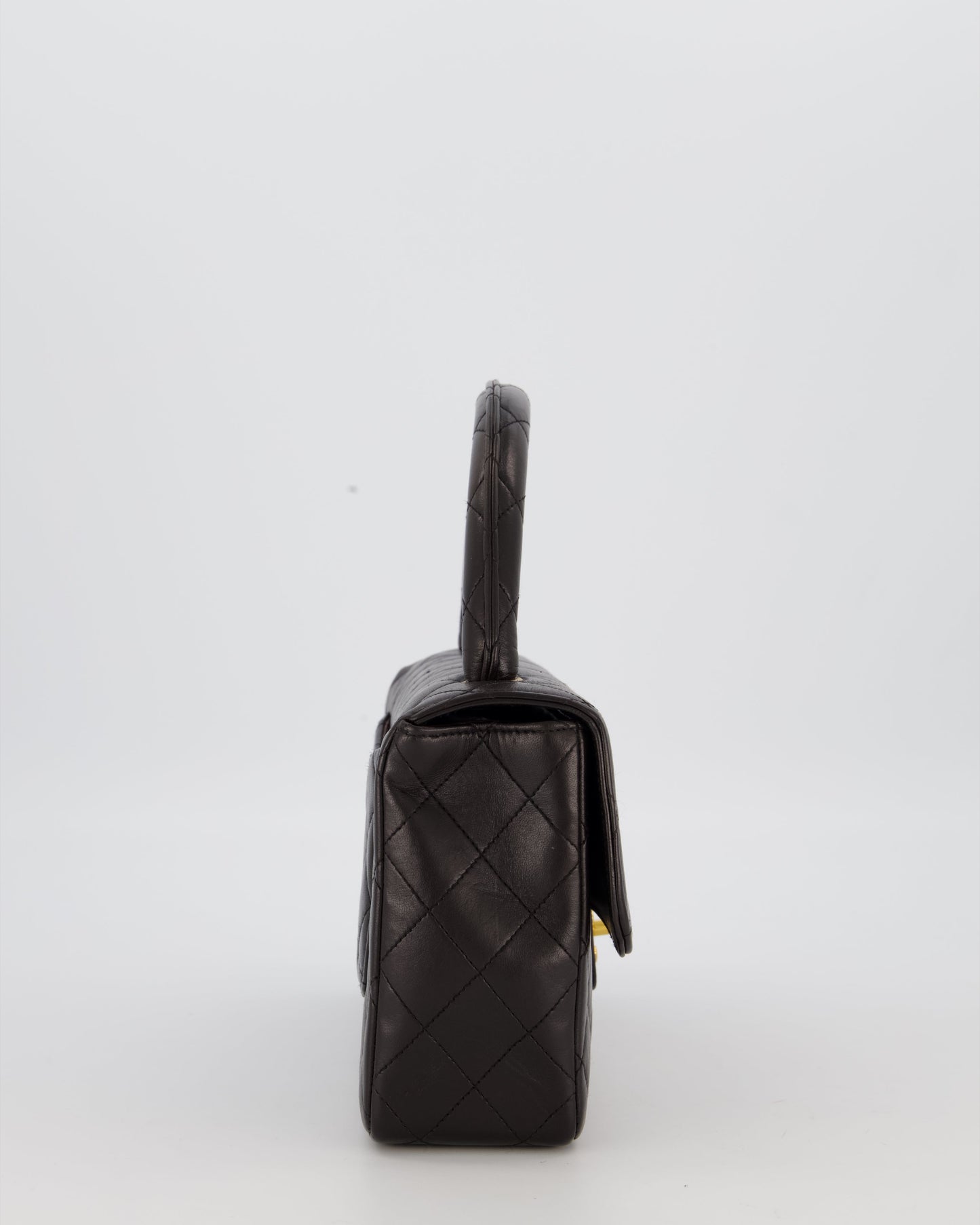 Chanel Black Vintage Top Handle Medium Single Flap Bag in Lambskin Leather with 24K Gold Hardware