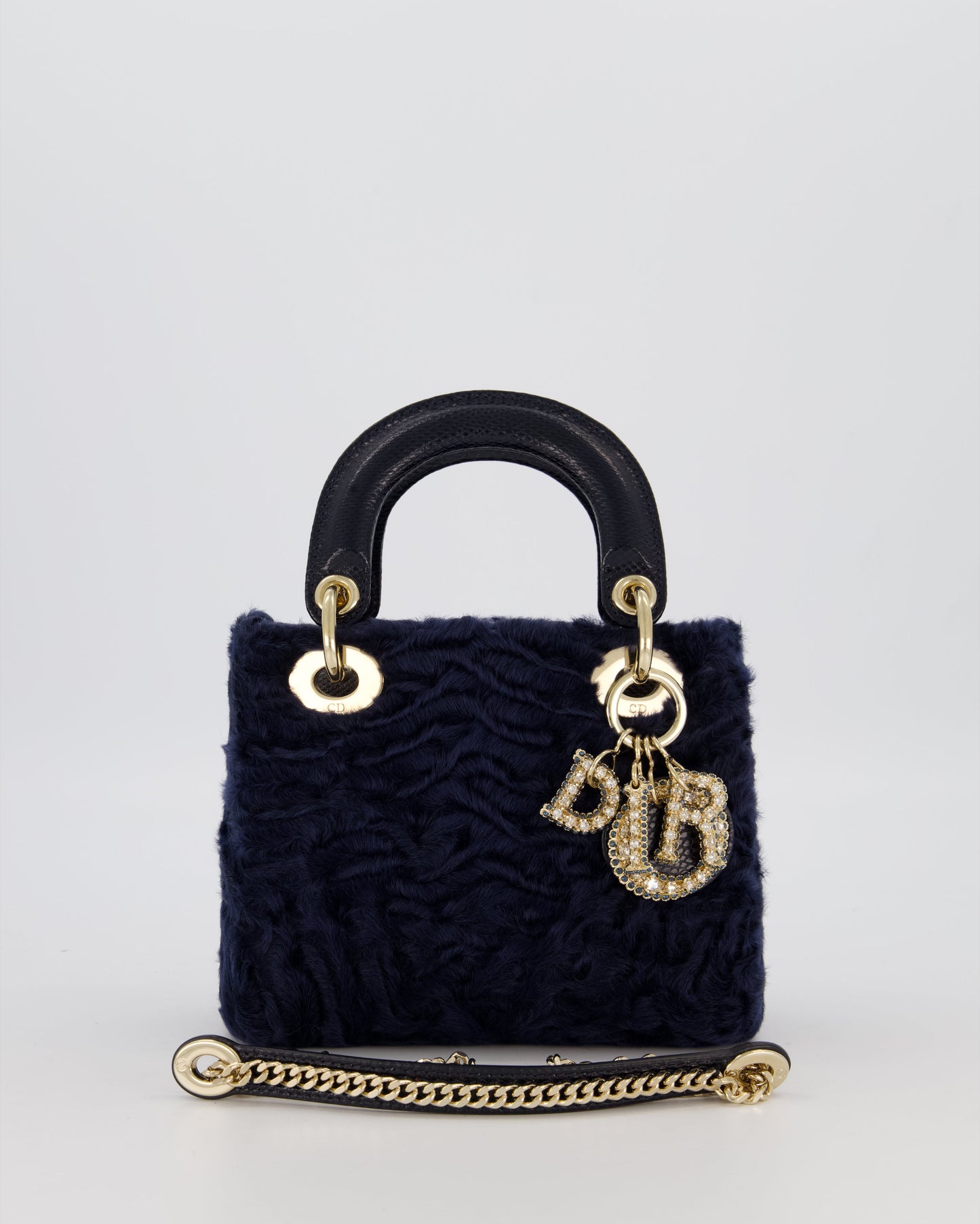 Christian Dior Mini Lady Dior Bag in Navy Astrakhan Fur with Python Leather Handle and Gold and Crystal Hardware