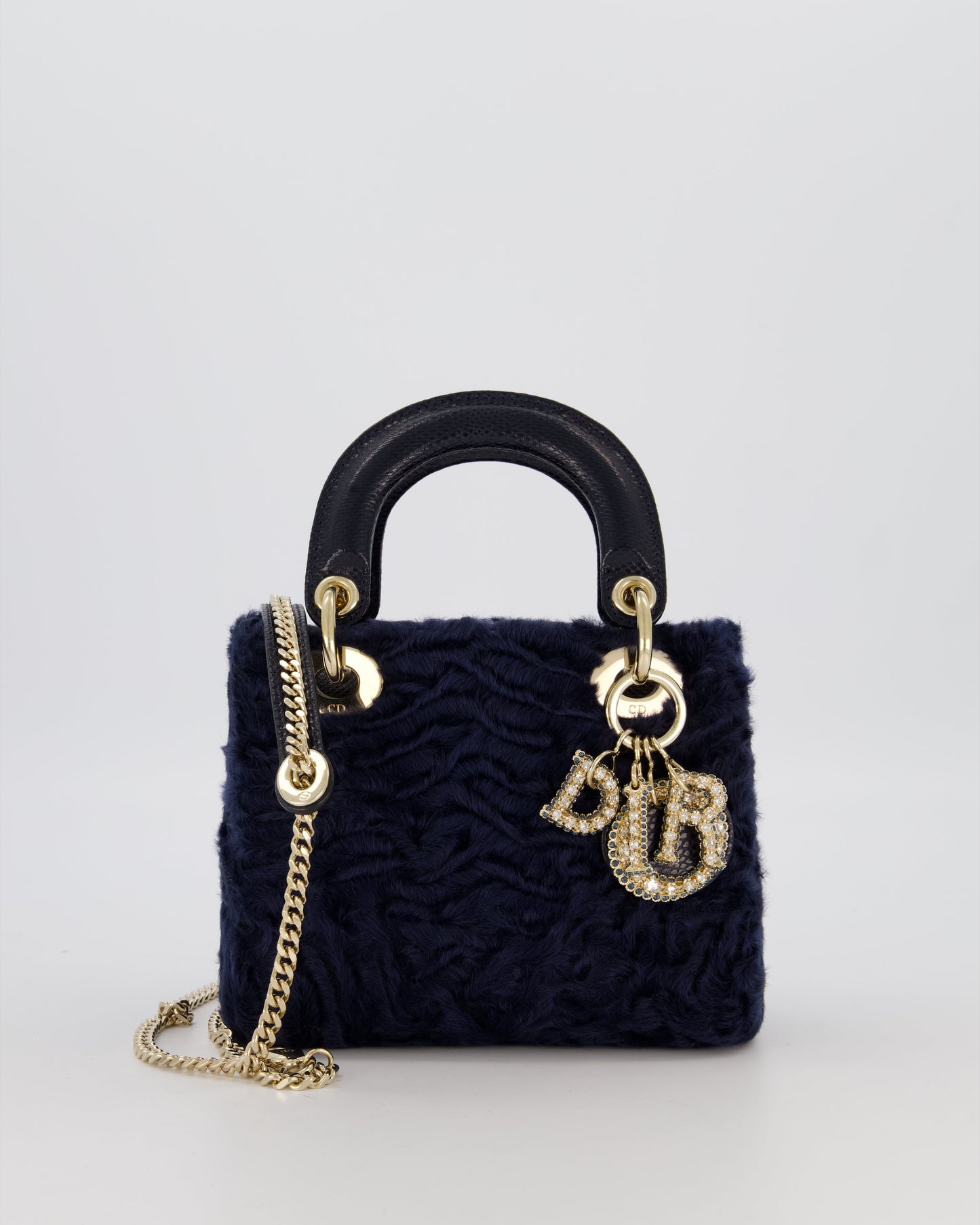 Christian Dior Mini Lady Dior Bag in Navy Astrakhan Fur with Python Leather Handle and Gold and Crystal Hardware