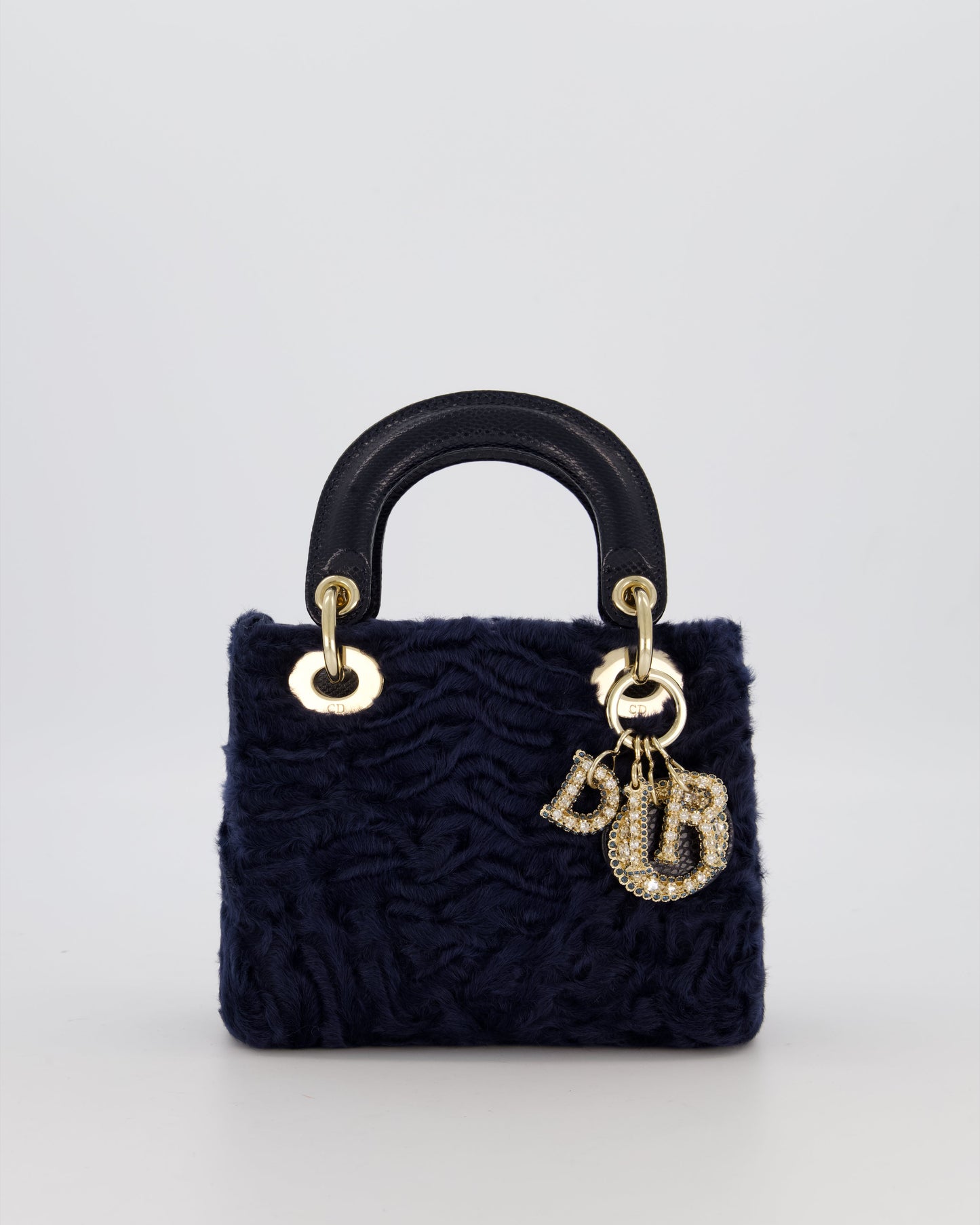 Christian Dior Mini Lady Dior Bag in Navy Astrakhan Fur with Python Leather Handle and Gold and Crystal Hardware