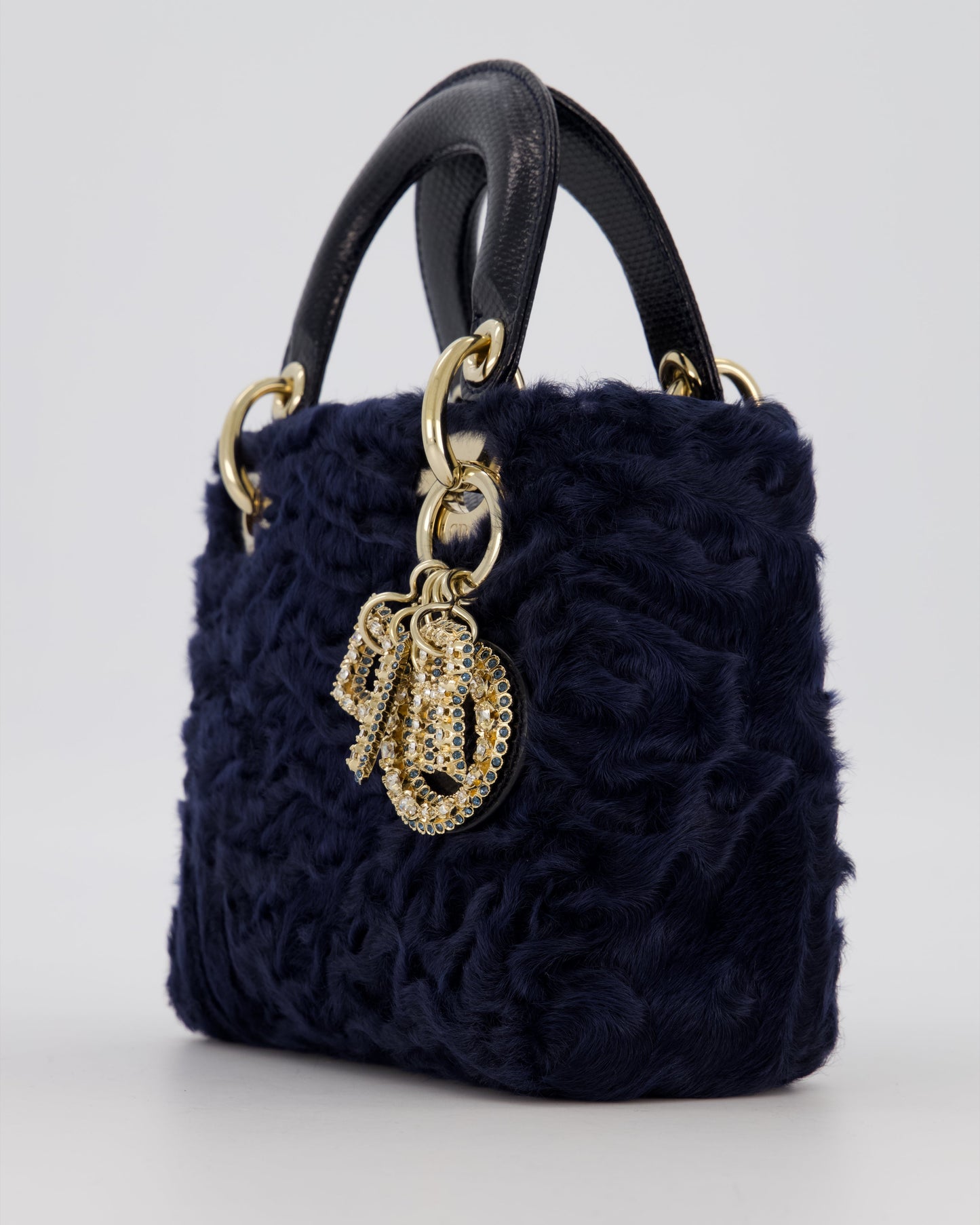 Christian Dior Mini Lady Dior Bag in Navy Astrakhan Fur with Python Leather Handle and Gold and Crystal Hardware