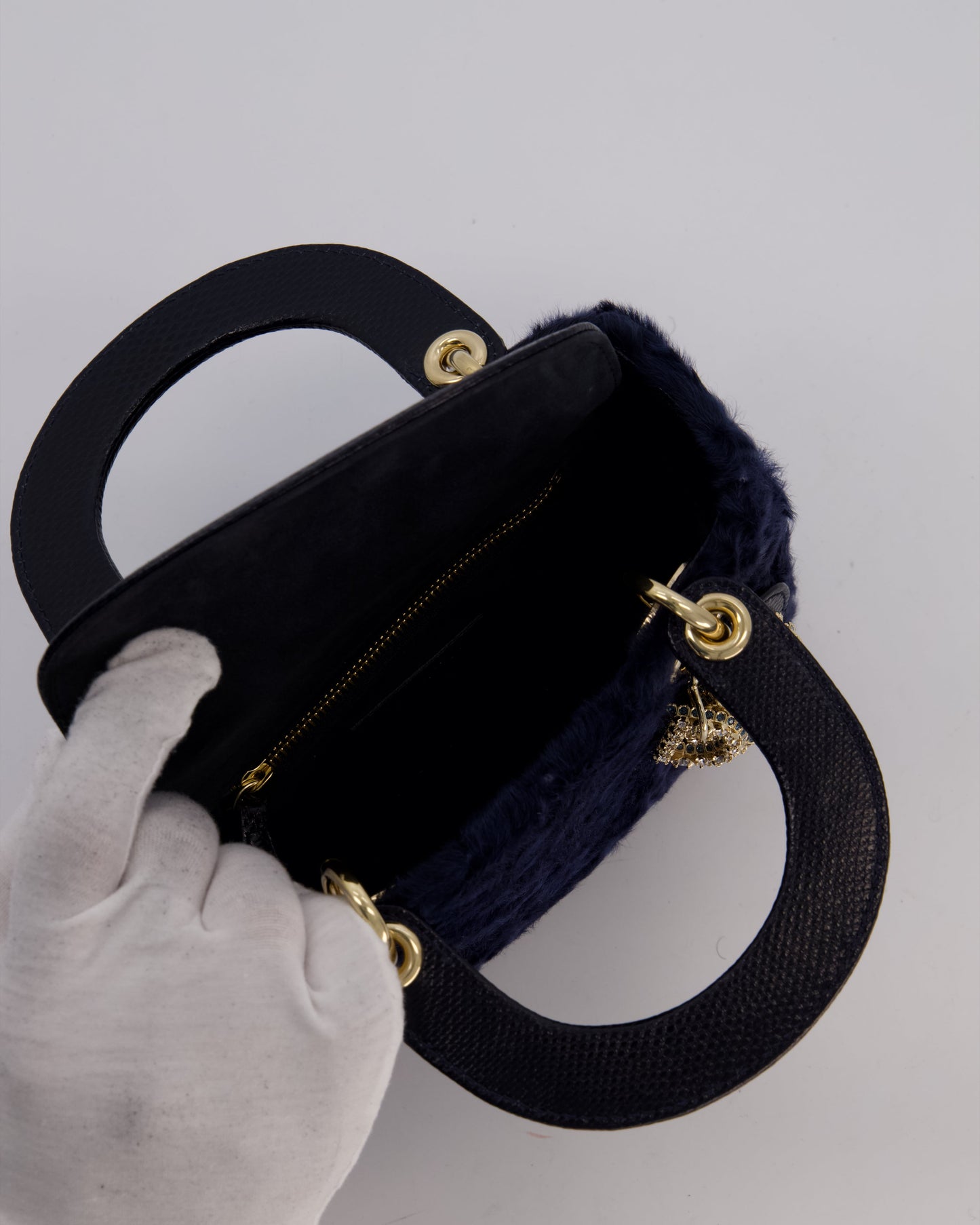 Christian Dior Mini Lady Dior Bag in Navy Astrakhan Fur with Python Leather Handle and Gold and Crystal Hardware