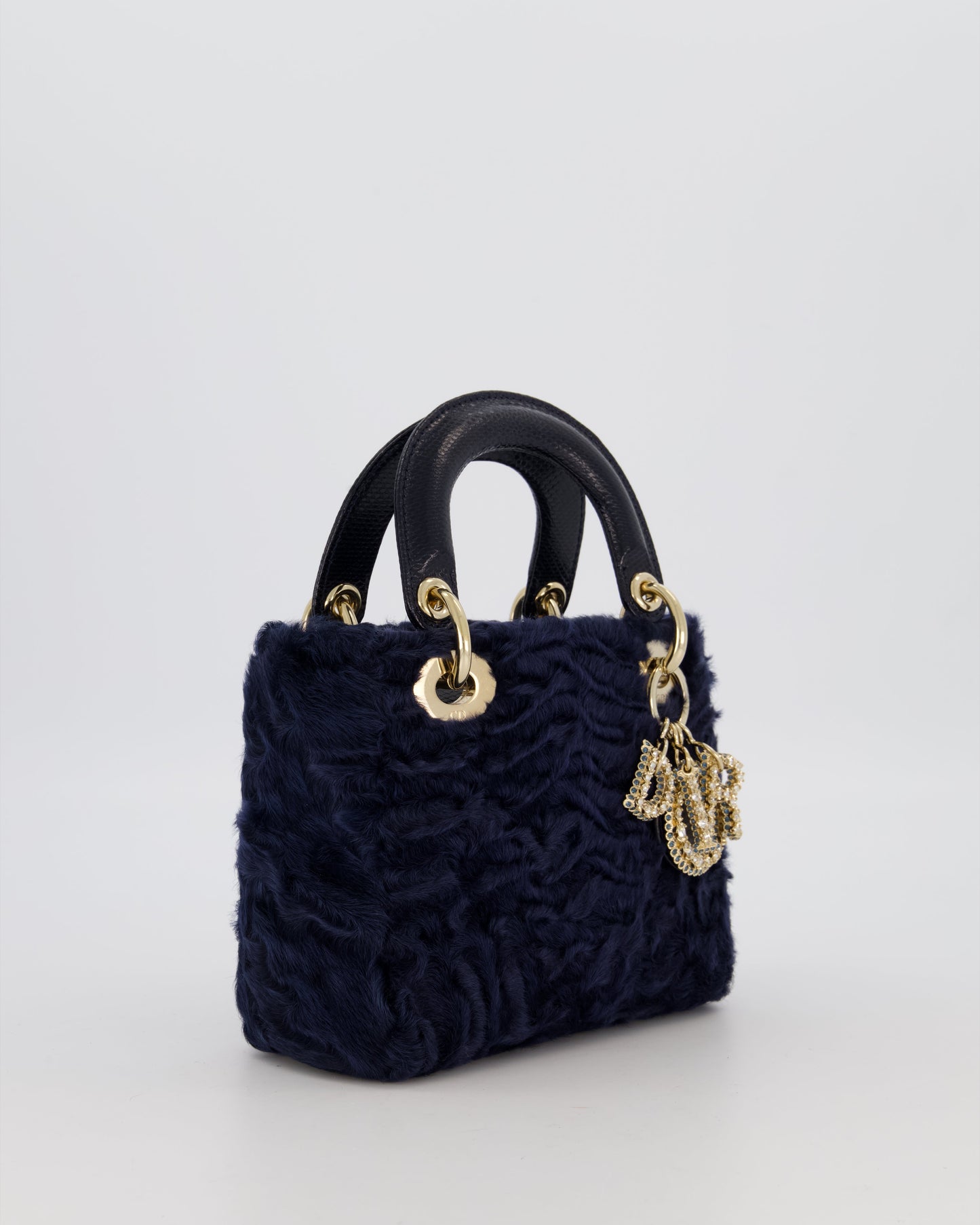 Christian Dior Mini Lady Dior Bag in Navy Astrakhan Fur with Python Leather Handle and Gold and Crystal Hardware