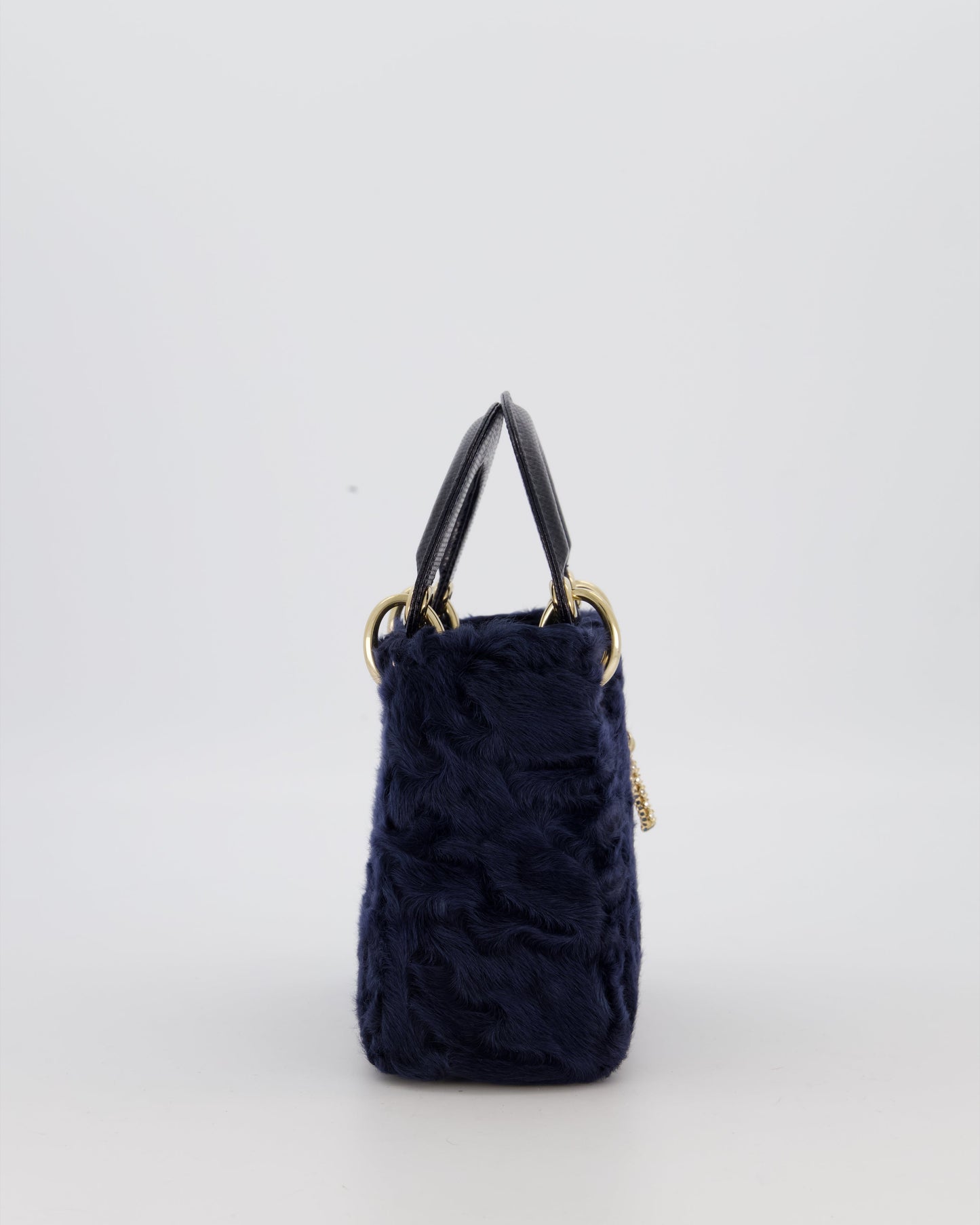 Christian Dior Mini Lady Dior Bag in Navy Astrakhan Fur with Python Leather Handle and Gold and Crystal Hardware
