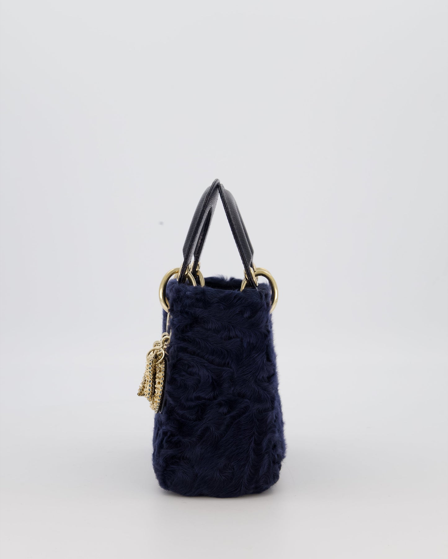 Christian Dior Mini Lady Dior Bag in Navy Astrakhan Fur with Python Leather Handle and Gold and Crystal Hardware