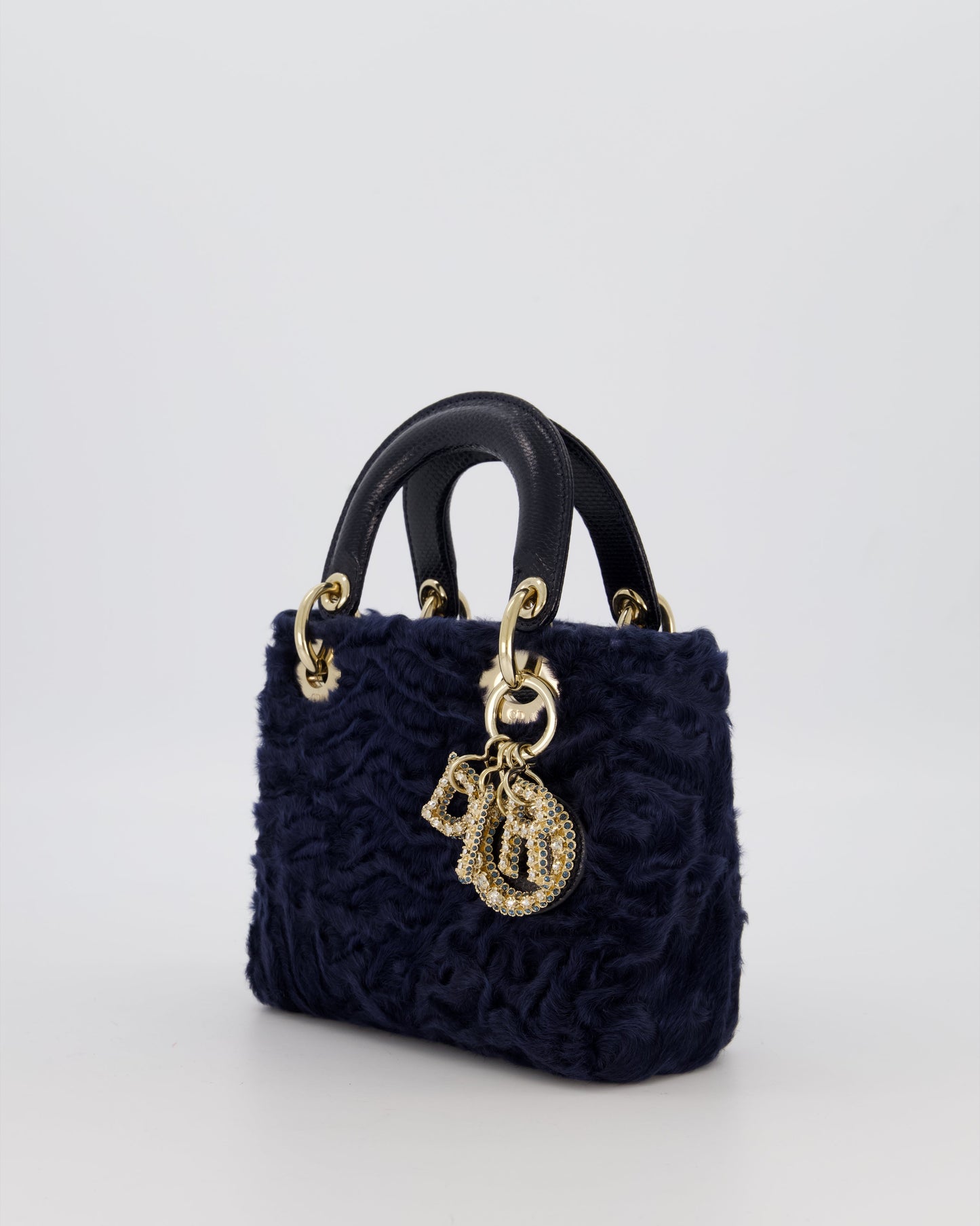 Christian Dior Mini Lady Dior Bag in Navy Astrakhan Fur with Python Leather Handle and Gold and Crystal Hardware