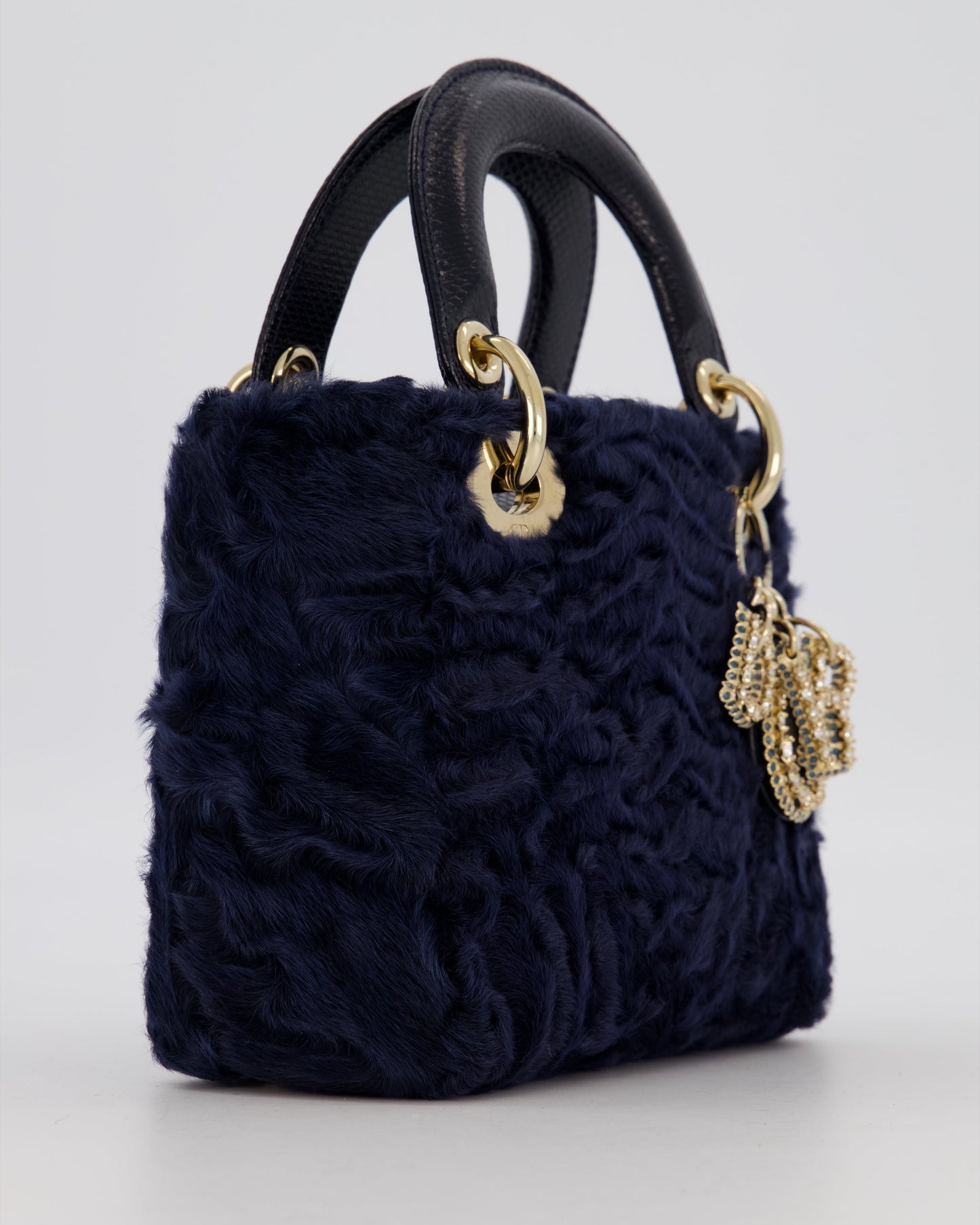 Christian Dior Mini Lady Dior Bag in Navy Astrakhan Fur with Python Leather Handle and Gold and Crystal Hardware