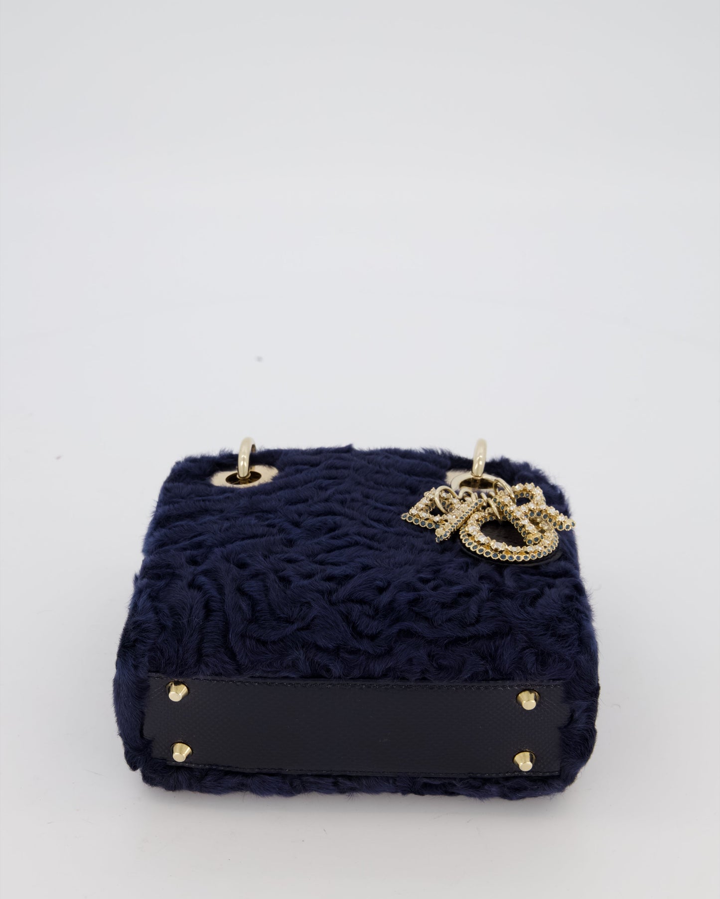 Christian Dior Mini Lady Dior Bag in Navy Astrakhan Fur with Python Leather Handle and Gold and Crystal Hardware