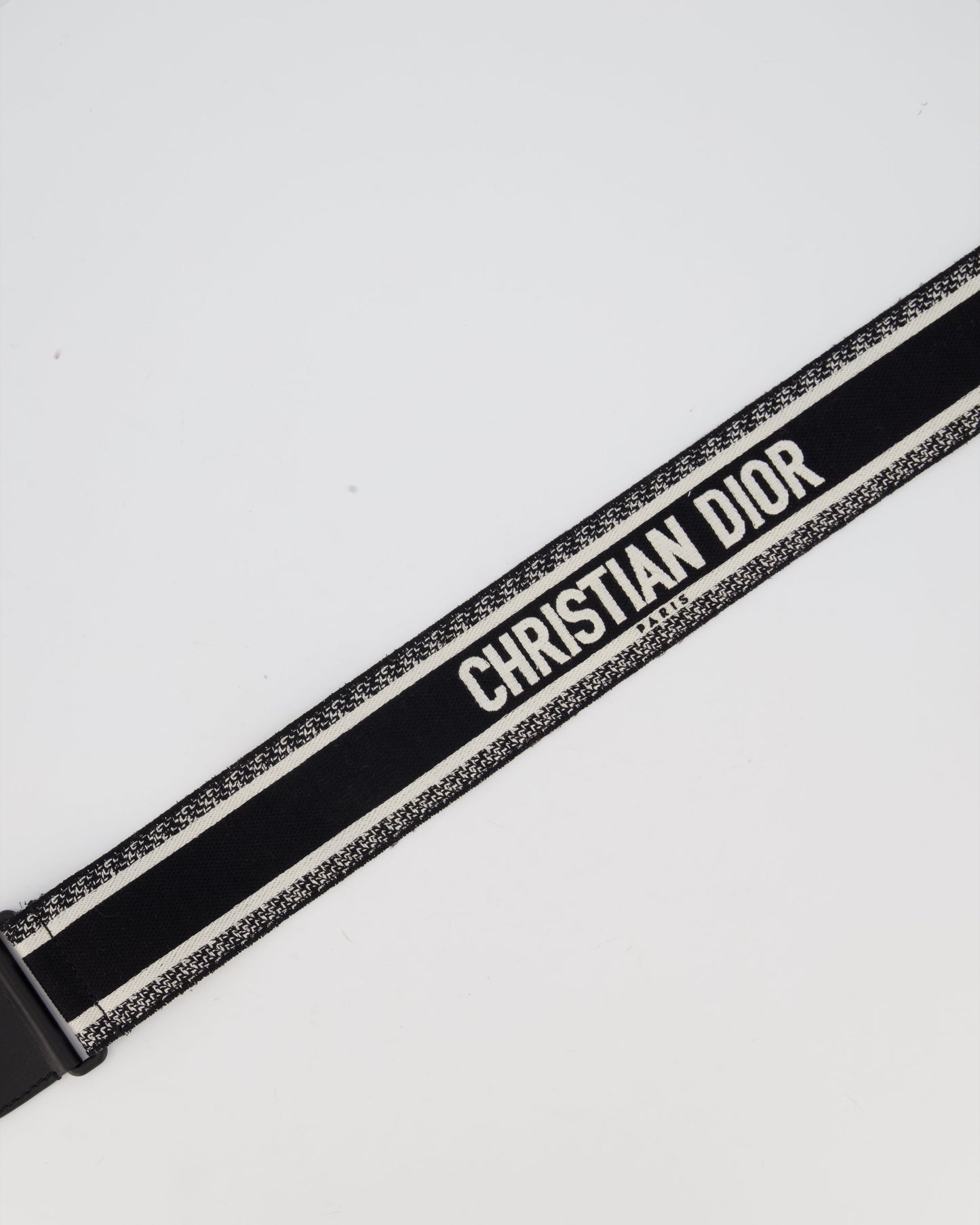 Christian Dior Black Ecru Canvas Guitar Bag Strap with Black Metal Hardware & Black Leather
