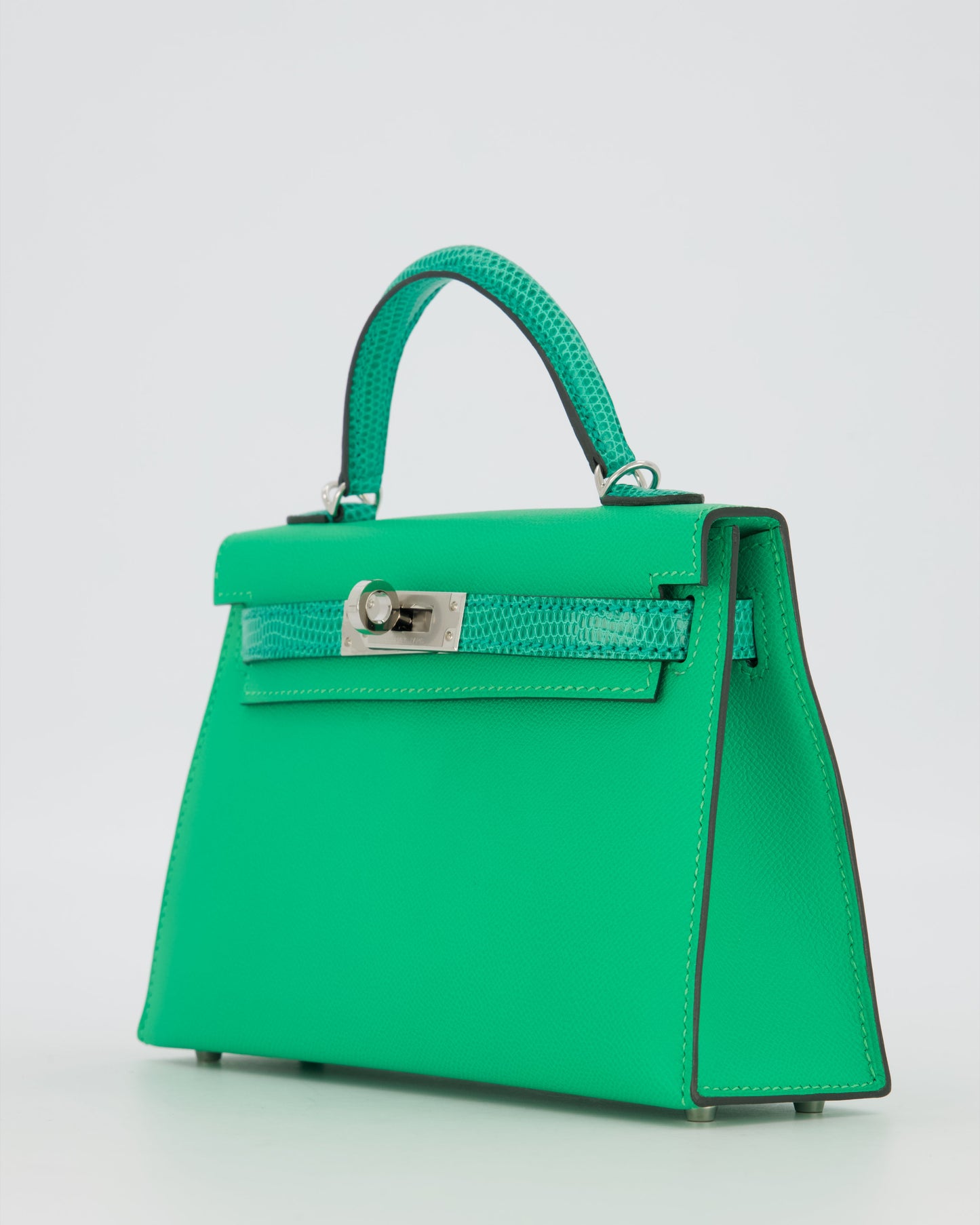 *RARE* Hermes Mini Kelly II 20 Touch Bag in Vert Comics Madame and Vert Jade Niloticus Lizard Leather with Palladium Hardware