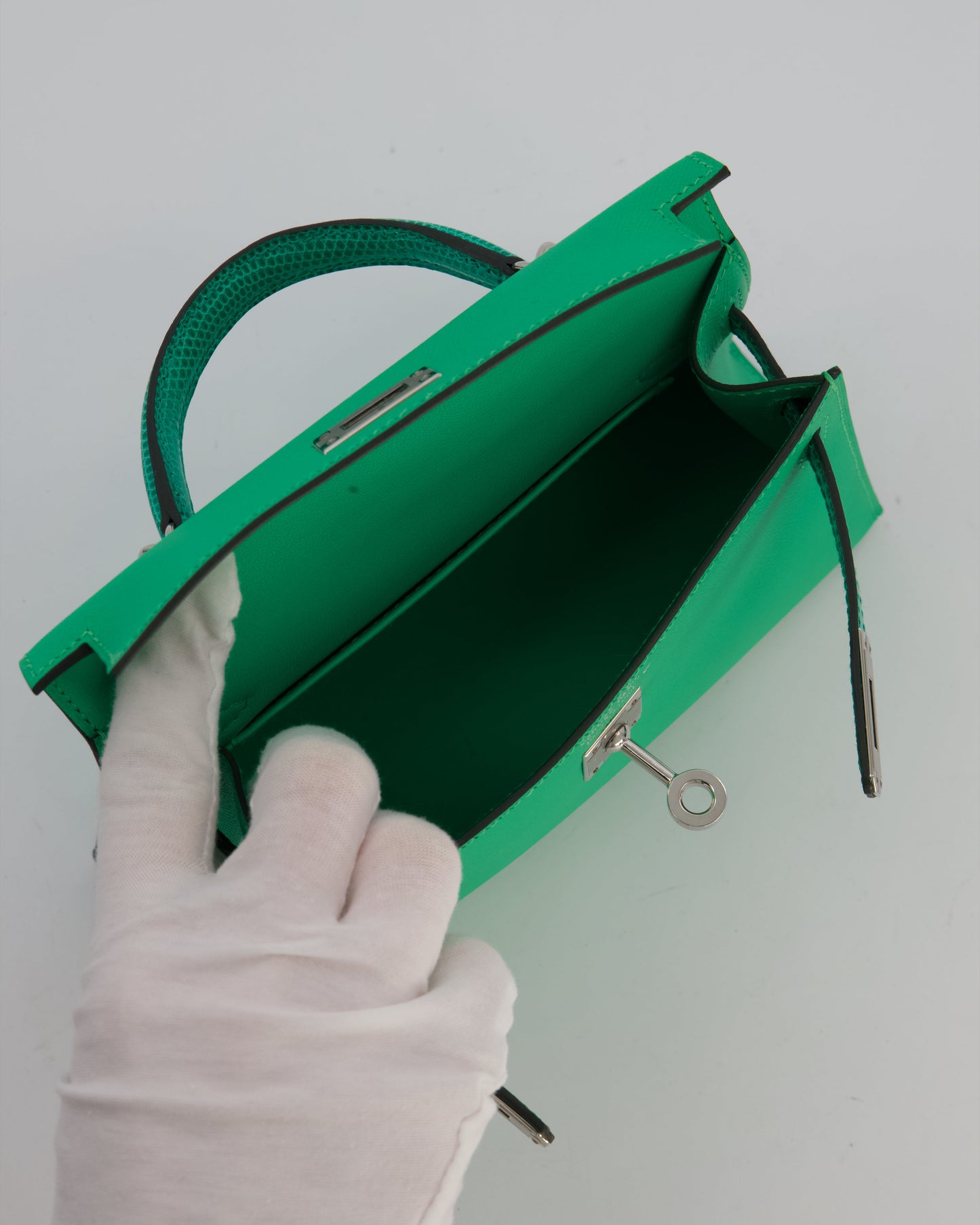 *RARE* Hermes Mini Kelly II 20 Touch Bag in Vert Comics Madame and Vert Jade Niloticus Lizard Leather with Palladium Hardware