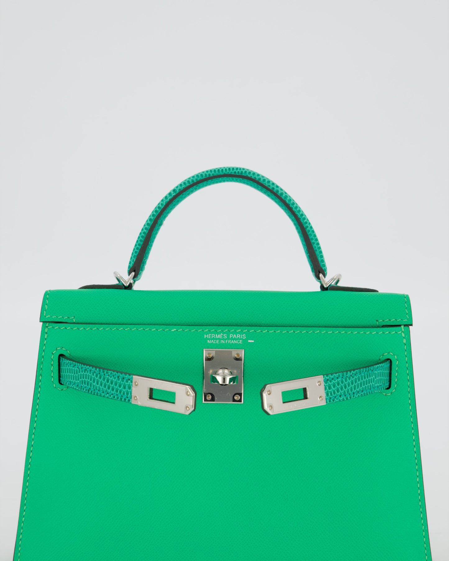 *RARE* Hermes Mini Kelly II 20 Touch Bag in Vert Comics Madame and Vert Jade Niloticus Lizard Leather with Palladium Hardware