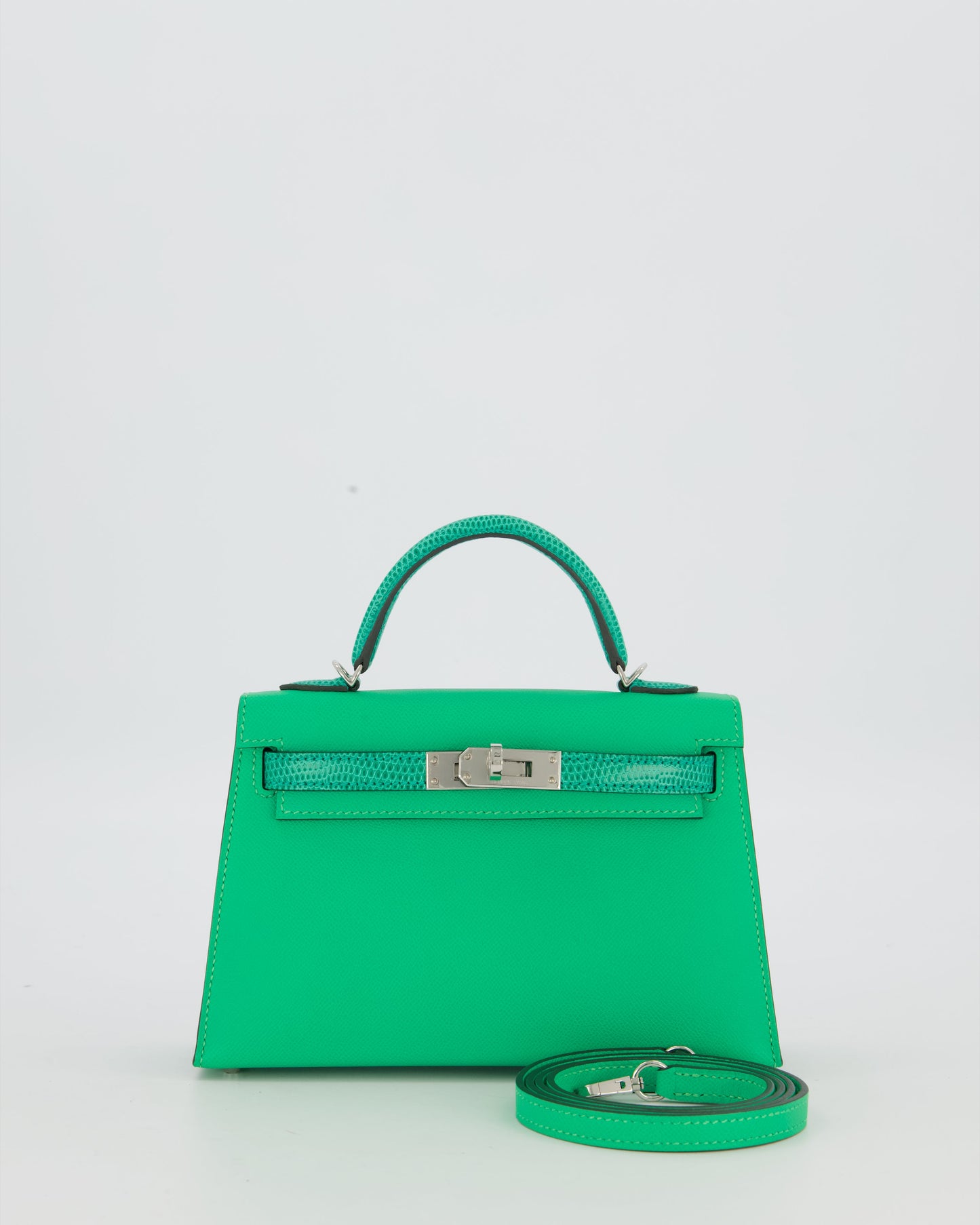 *RARE* Hermes Mini Kelly II 20 Touch Bag in Vert Comics Madame and Vert Jade Niloticus Lizard Leather with Palladium Hardware