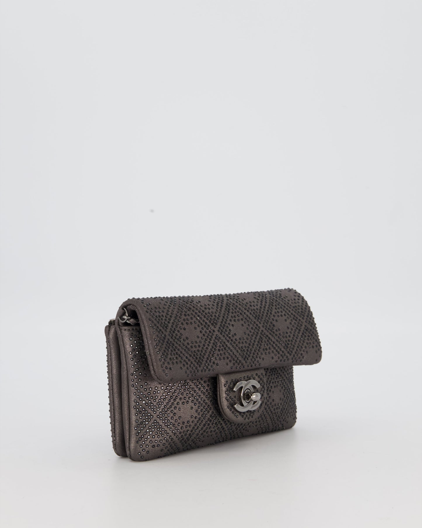 Chanel Grey Embellished Rhinestones Mini Flap Bag in Suede Leather With Gunmetal Hardware
