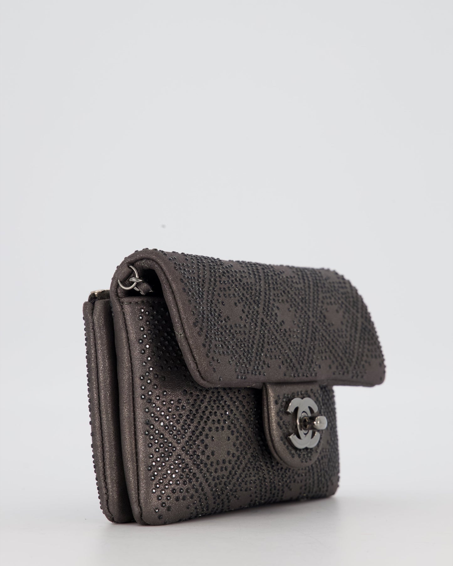 Chanel Grey Embellished Rhinestones Mini Flap Bag in Suede Leather With Gunmetal Hardware
