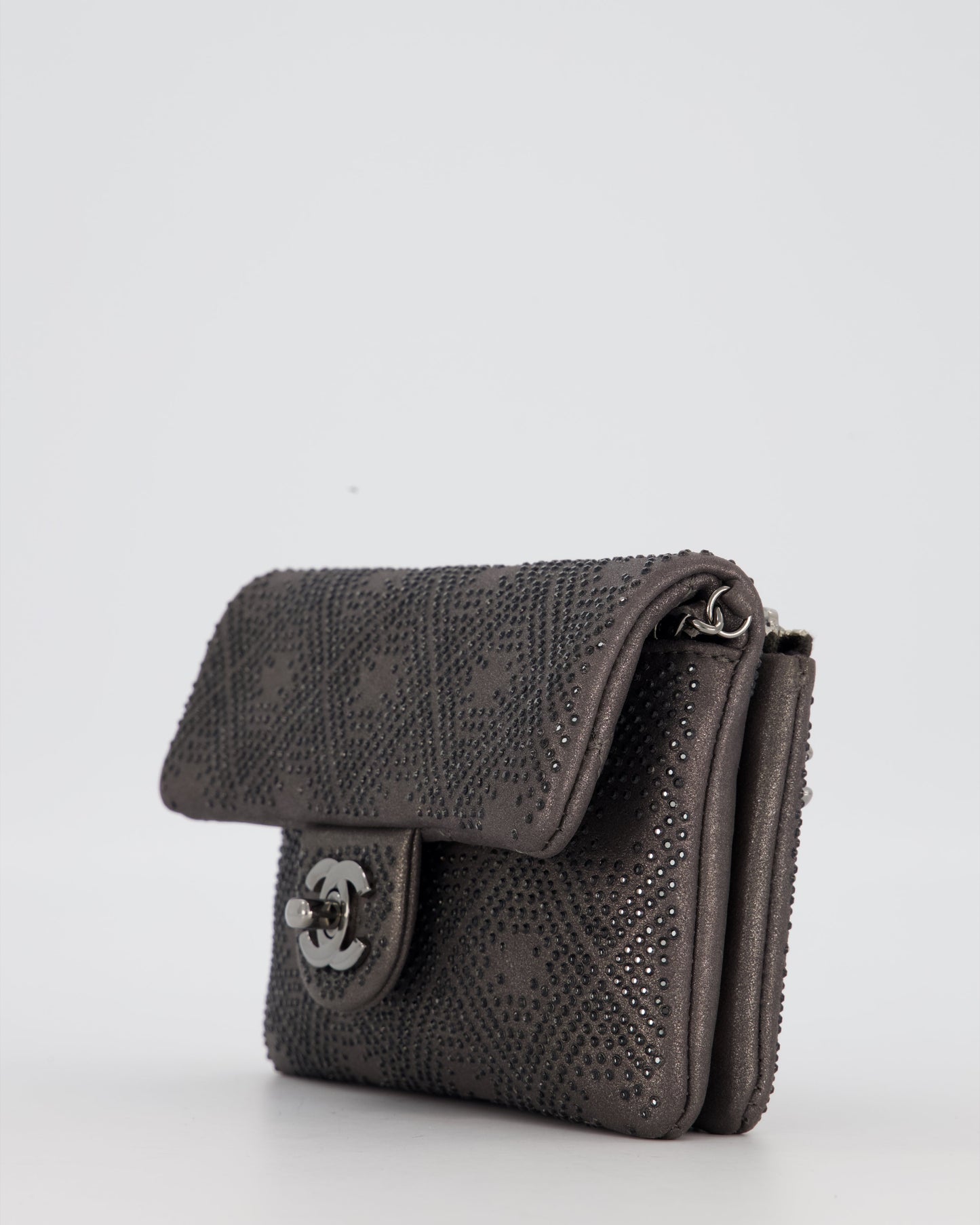 Chanel Grey Embellished Rhinestones Mini Flap Bag in Suede Leather With Gunmetal Hardware