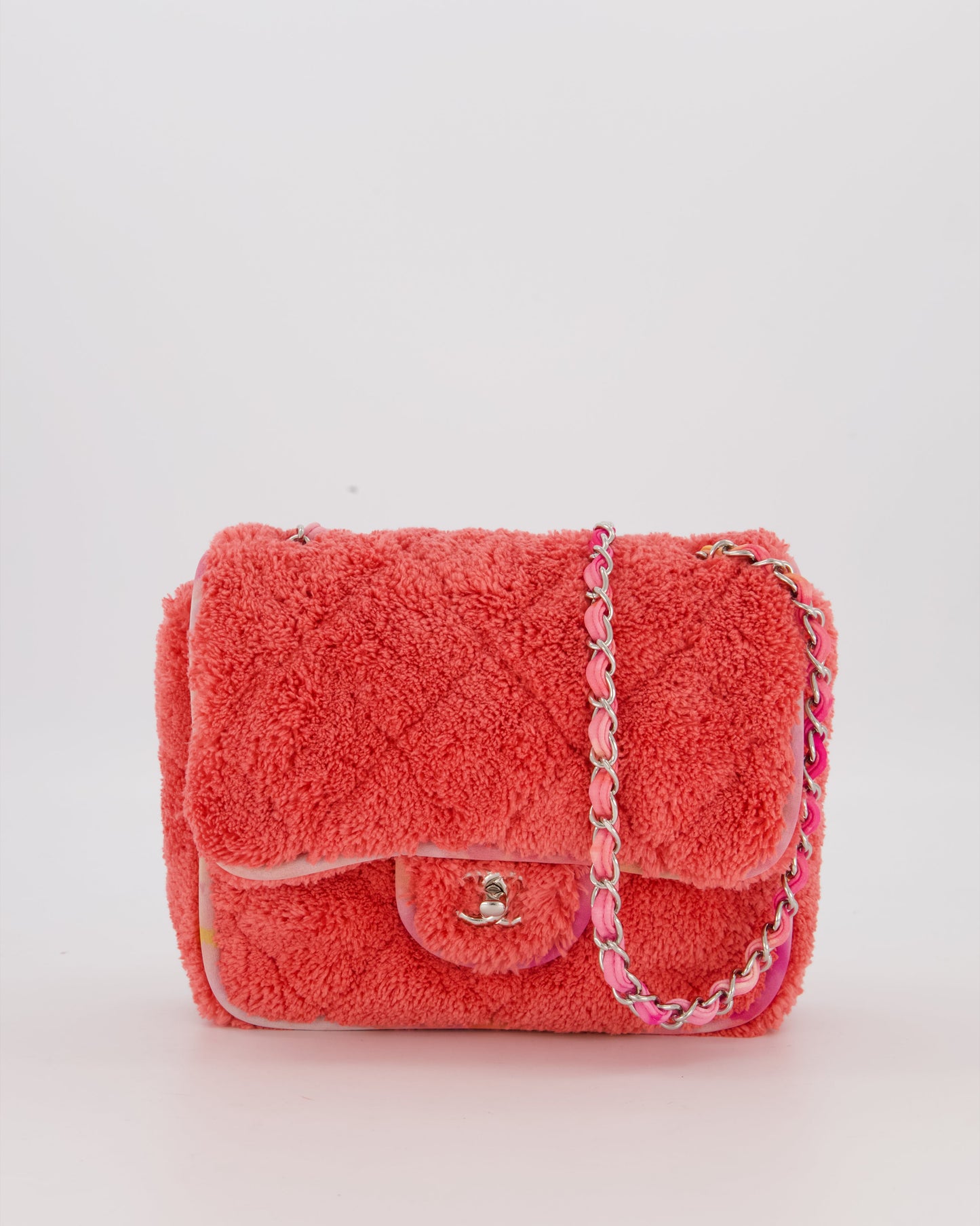 Chanel Pink Terry Cloth Quilted Square Flap Bag with Silver Hardware