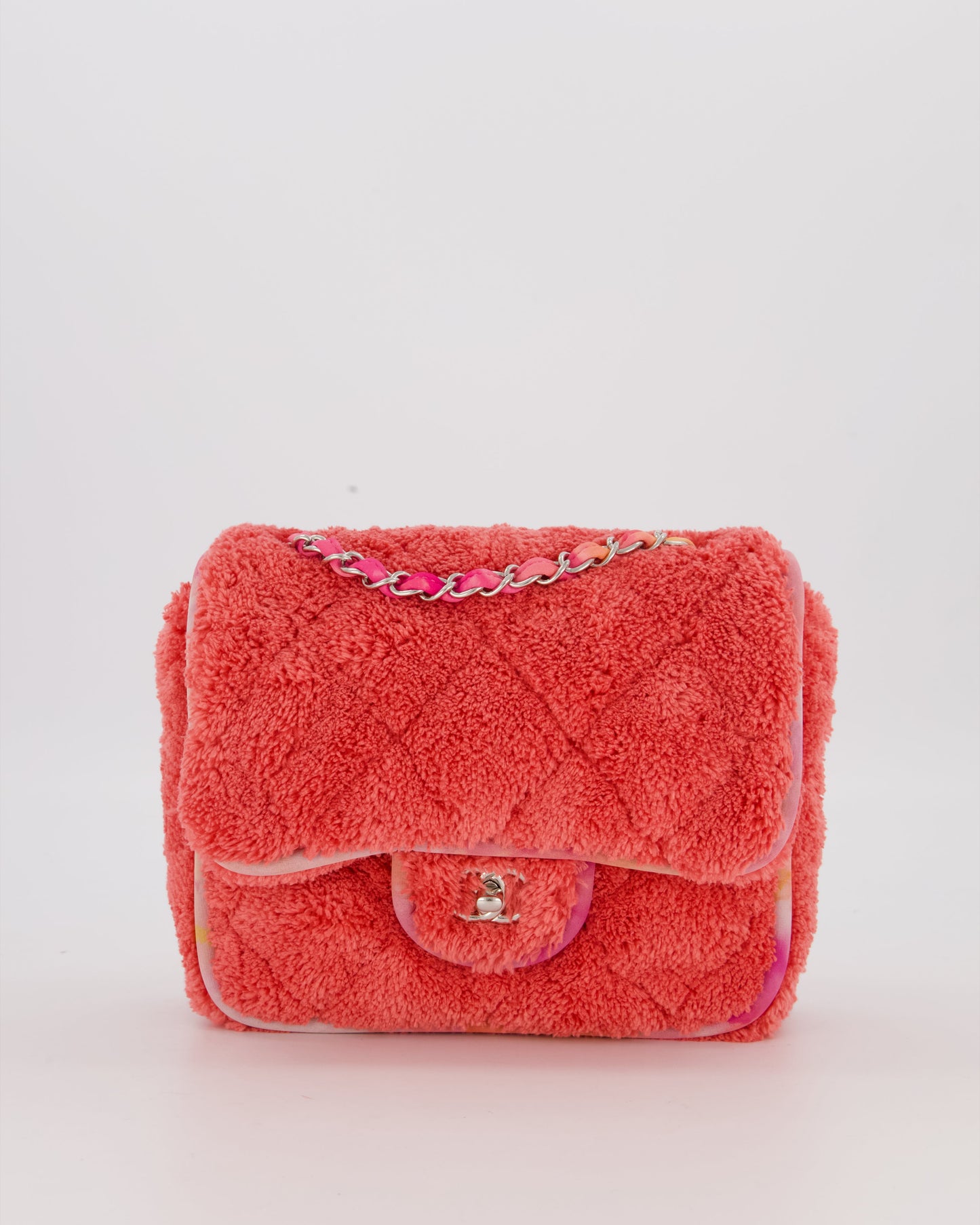 Chanel Pink Terry Cloth Quilted Square Flap Bag with Silver Hardware