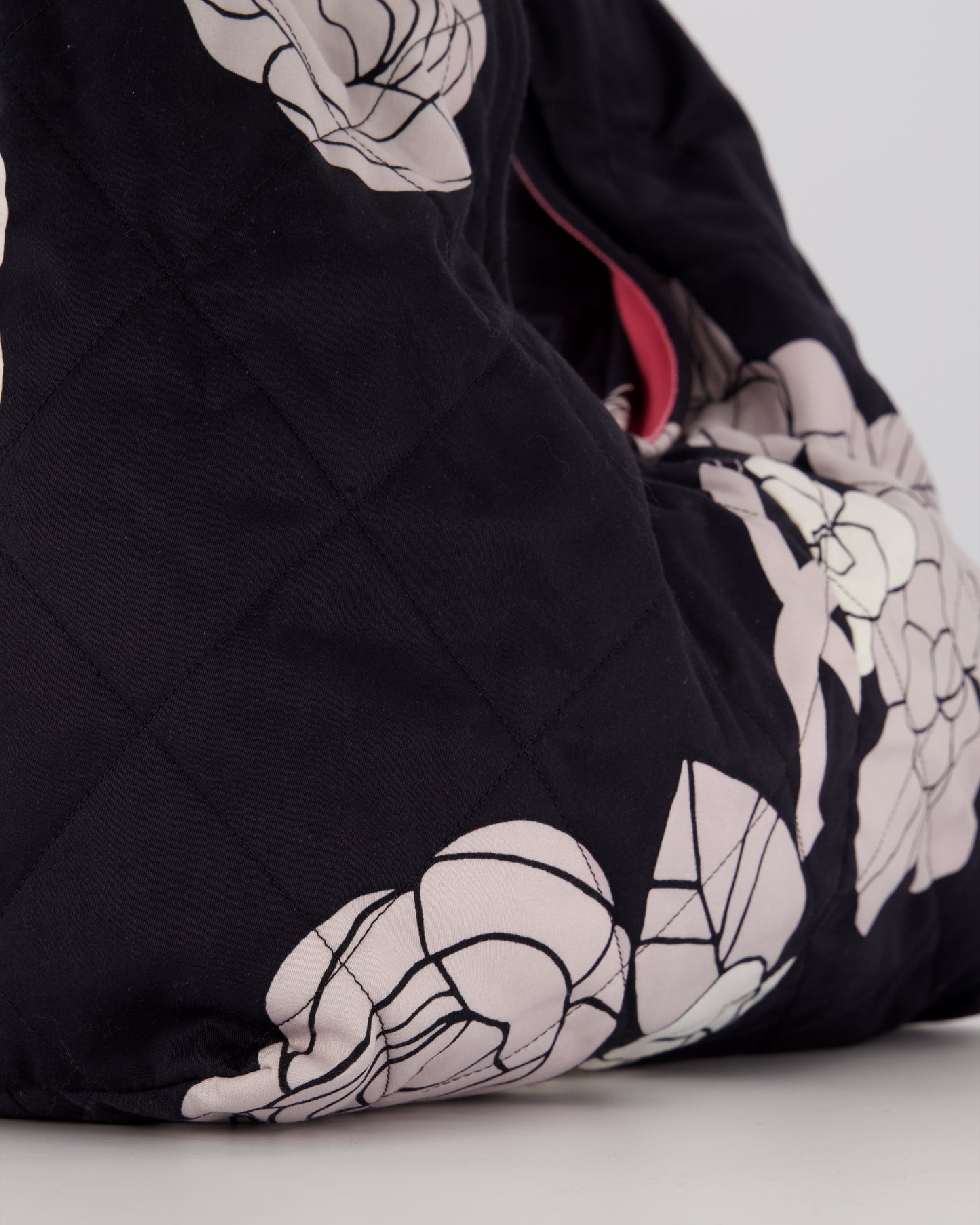 Chanel Black and White Camellia Large Hobo Bag in Fabric with Pink Interior and Gold Hardware