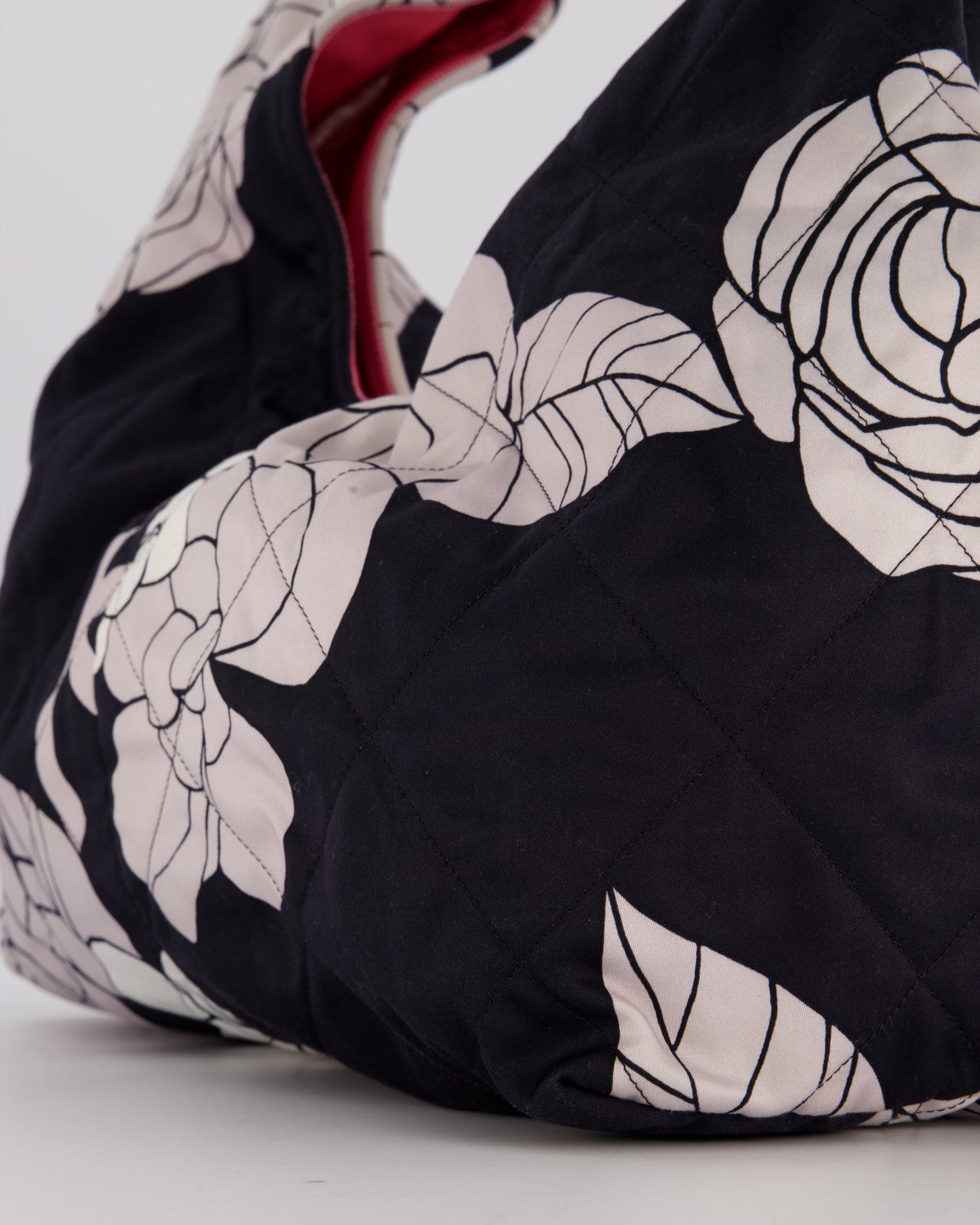 Chanel Black and White Camellia Large Hobo Bag in Fabric with Pink Interior and Gold Hardware