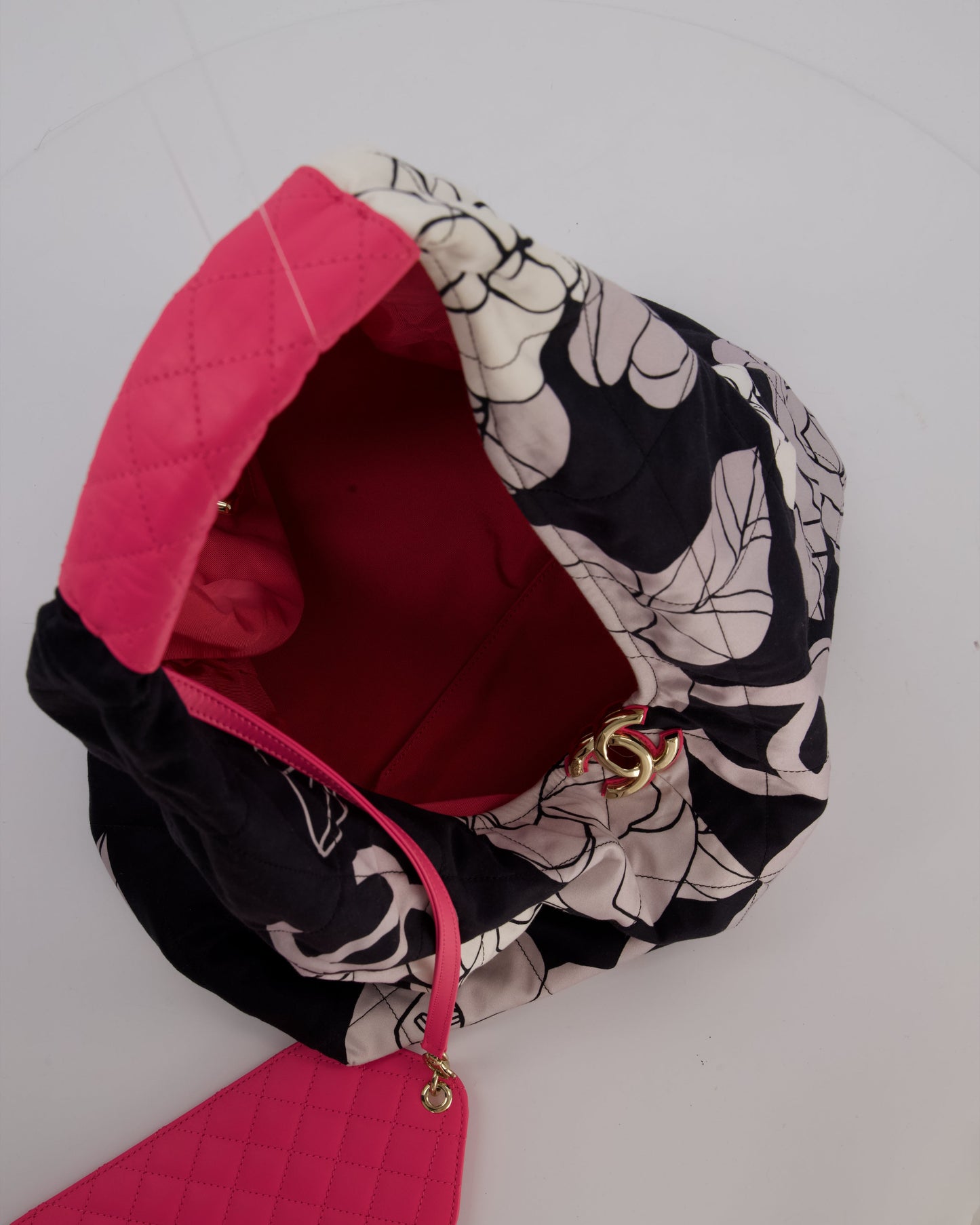 Chanel Black and White Camellia Large Hobo Bag in Fabric with Pink Interior and Gold Hardware
