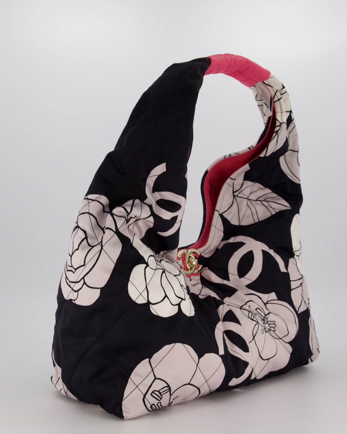 Chanel Black and White Camellia Large Hobo Bag in Fabric with Pink Interior and Gold Hardware