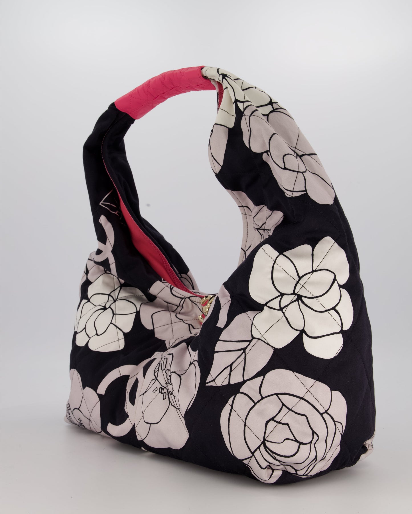 Chanel Black and White Camellia Large Hobo Bag in Fabric with Pink Interior and Gold Hardware